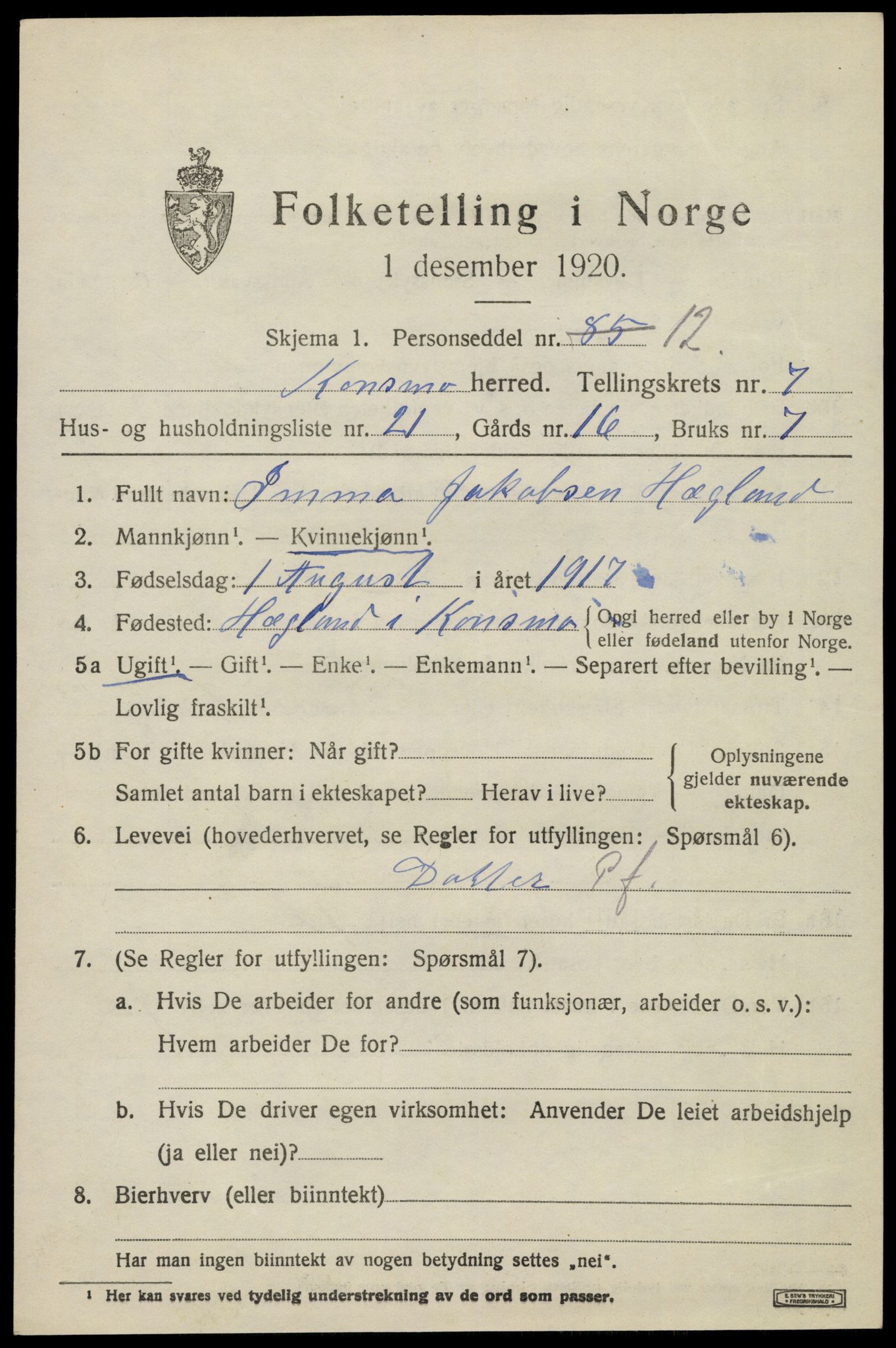 SAK, 1920 census for Konsmo, 1920, p. 1630