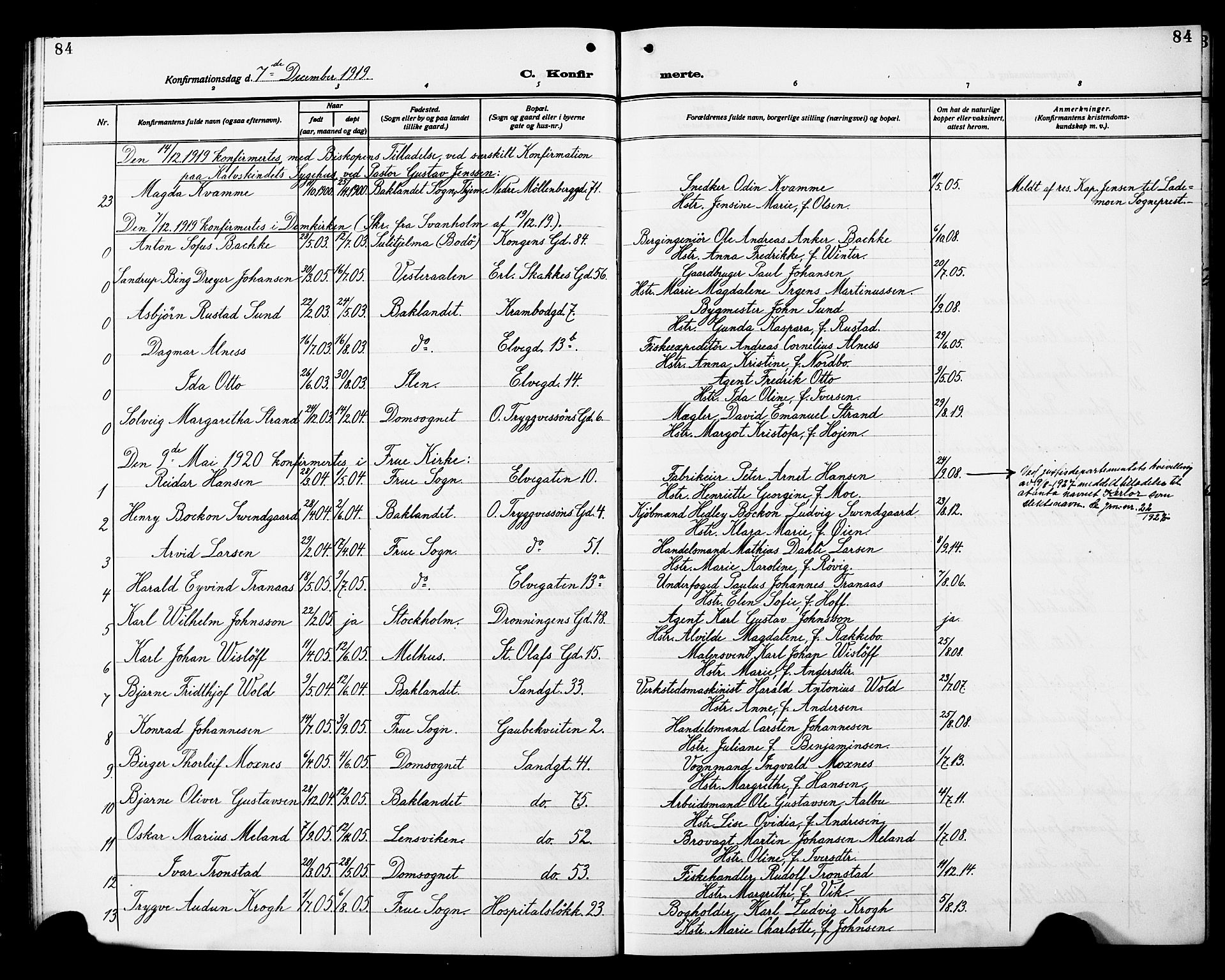 Ministerialprotokoller, klokkerbøker og fødselsregistre - Sør-Trøndelag, SAT/A-1456/602/L0147: Parish register (copy) no. 602C15, 1911-1924, p. 84