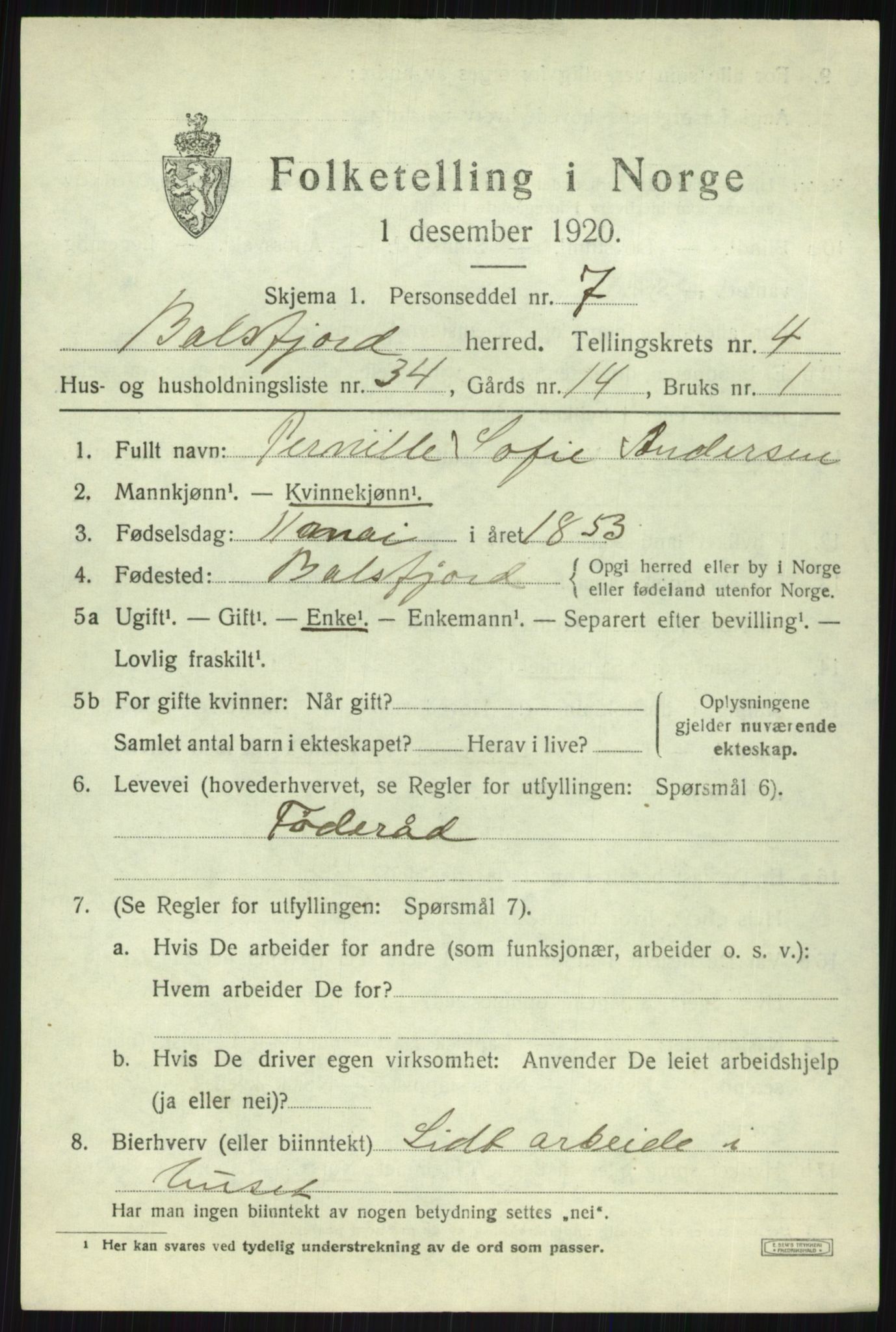 SATØ, 1920 census for Balsfjord, 1920, p. 3103