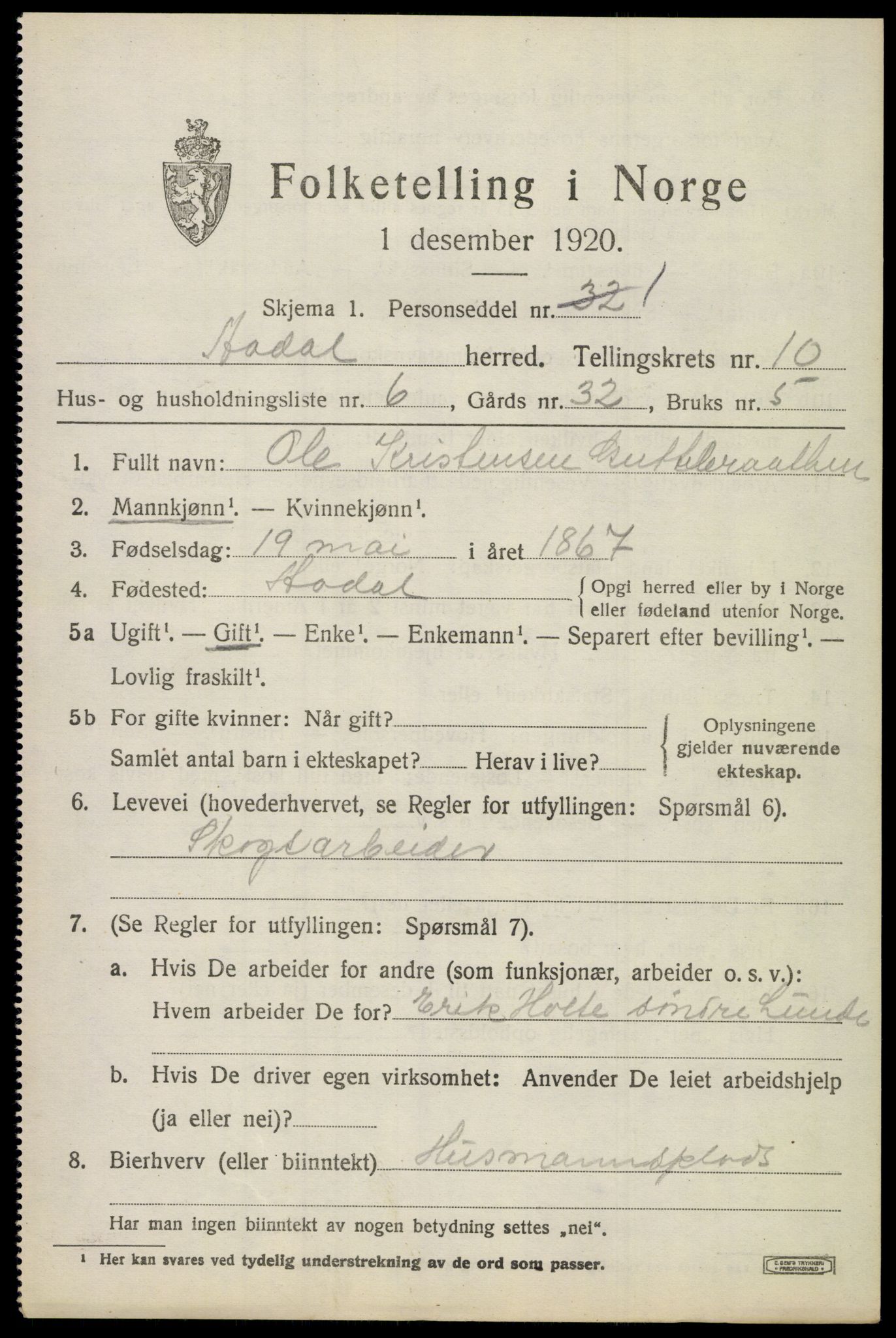 SAKO, 1920 census for Ådal, 1920, p. 6590