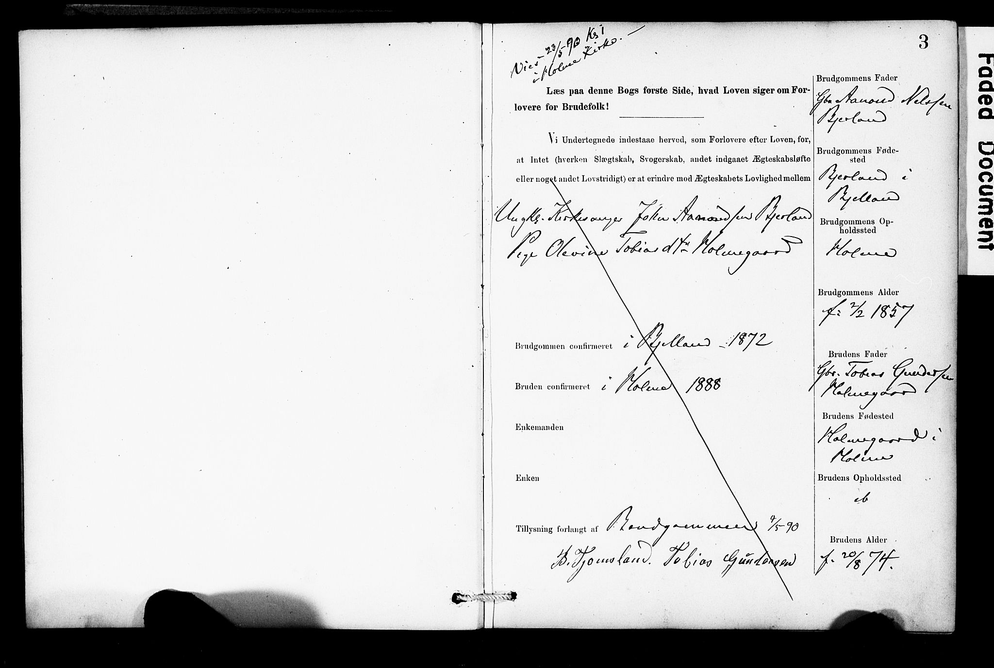 Holum sokneprestkontor, SAK/1111-0022/F/Fe/L0004: Banns register no. II 5 4, 1890-1914, p. 3