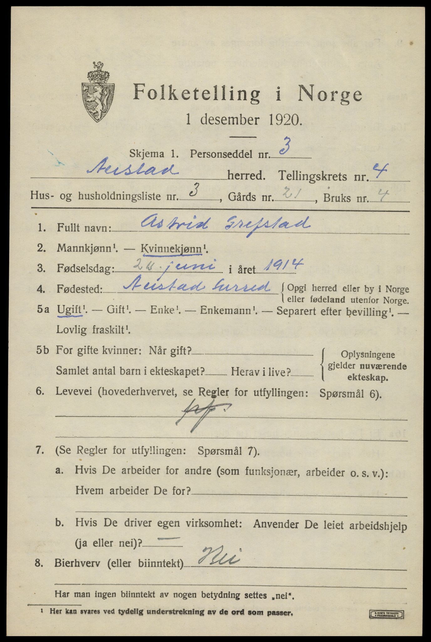 SAK, 1920 census for Austad, 1920, p. 1433
