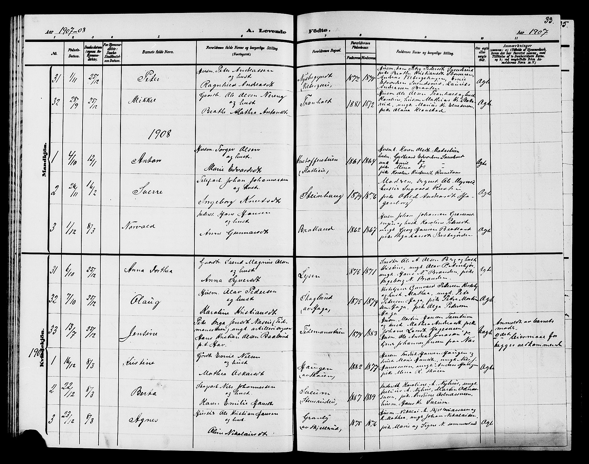 Søndre Land prestekontor, AV/SAH-PREST-122/L/L0005: Parish register (copy) no. 5, 1902-1911, p. 33