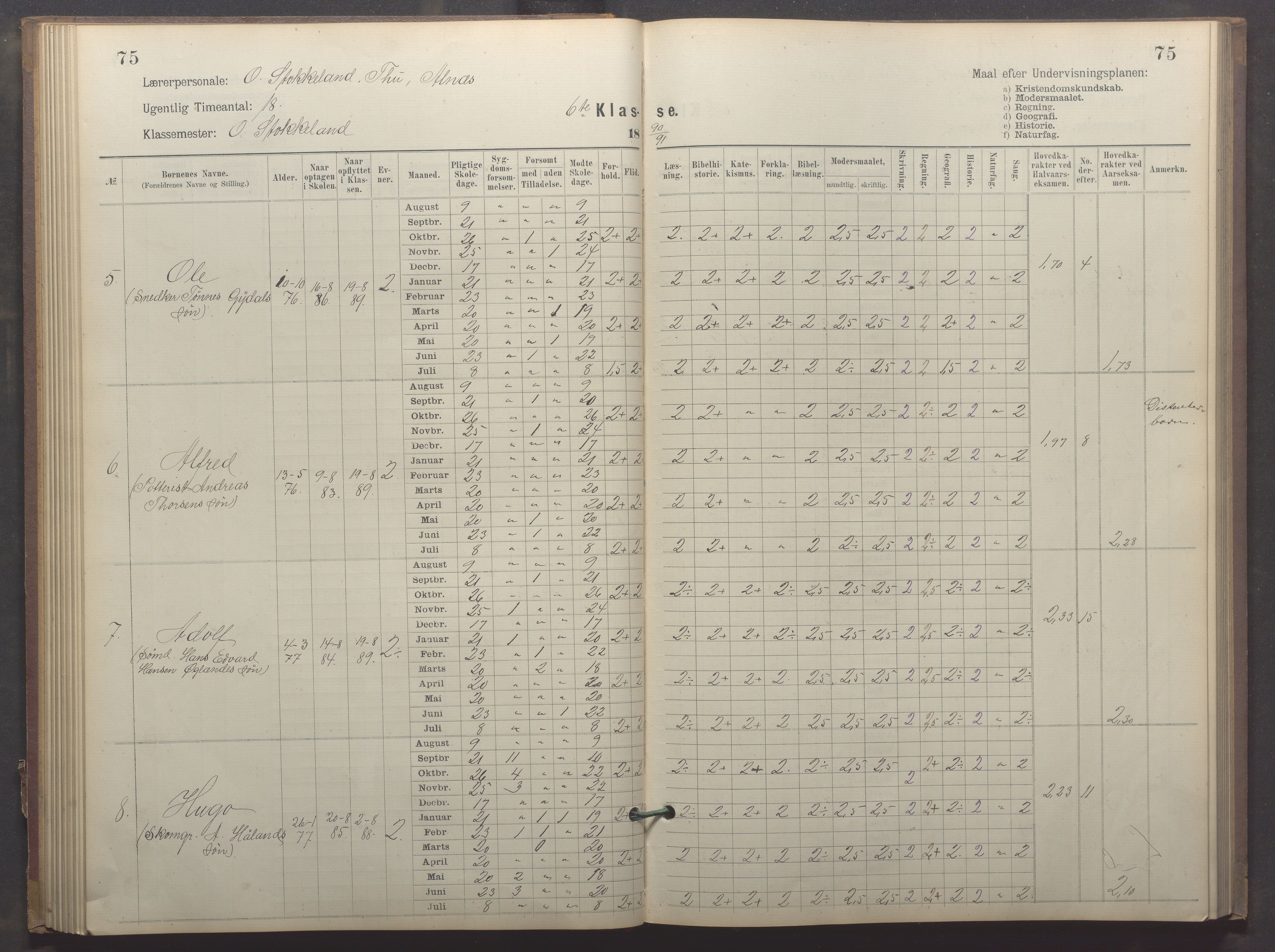 Egersund kommune (Ladested) - Egersund almueskole/folkeskole, IKAR/K-100521/H/L0023: Skoleprotokoll - Almueskolen, 6. klasse, 1886-1892, p. 75