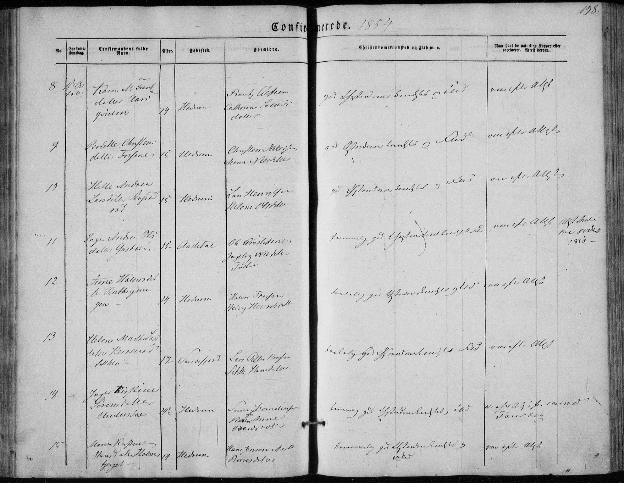 Hedrum kirkebøker, AV/SAKO-A-344/F/Fa/L0006: Parish register (official) no. I 6, 1849-1857, p. 198