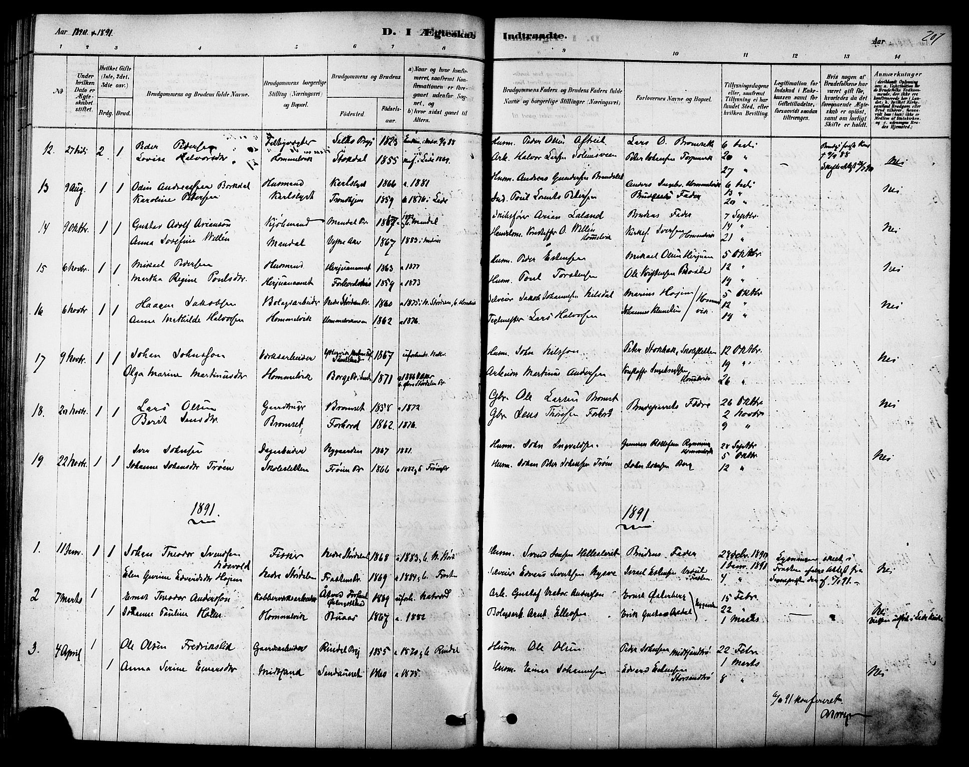 Ministerialprotokoller, klokkerbøker og fødselsregistre - Sør-Trøndelag, SAT/A-1456/616/L0410: Parish register (official) no. 616A07, 1878-1893, p. 207