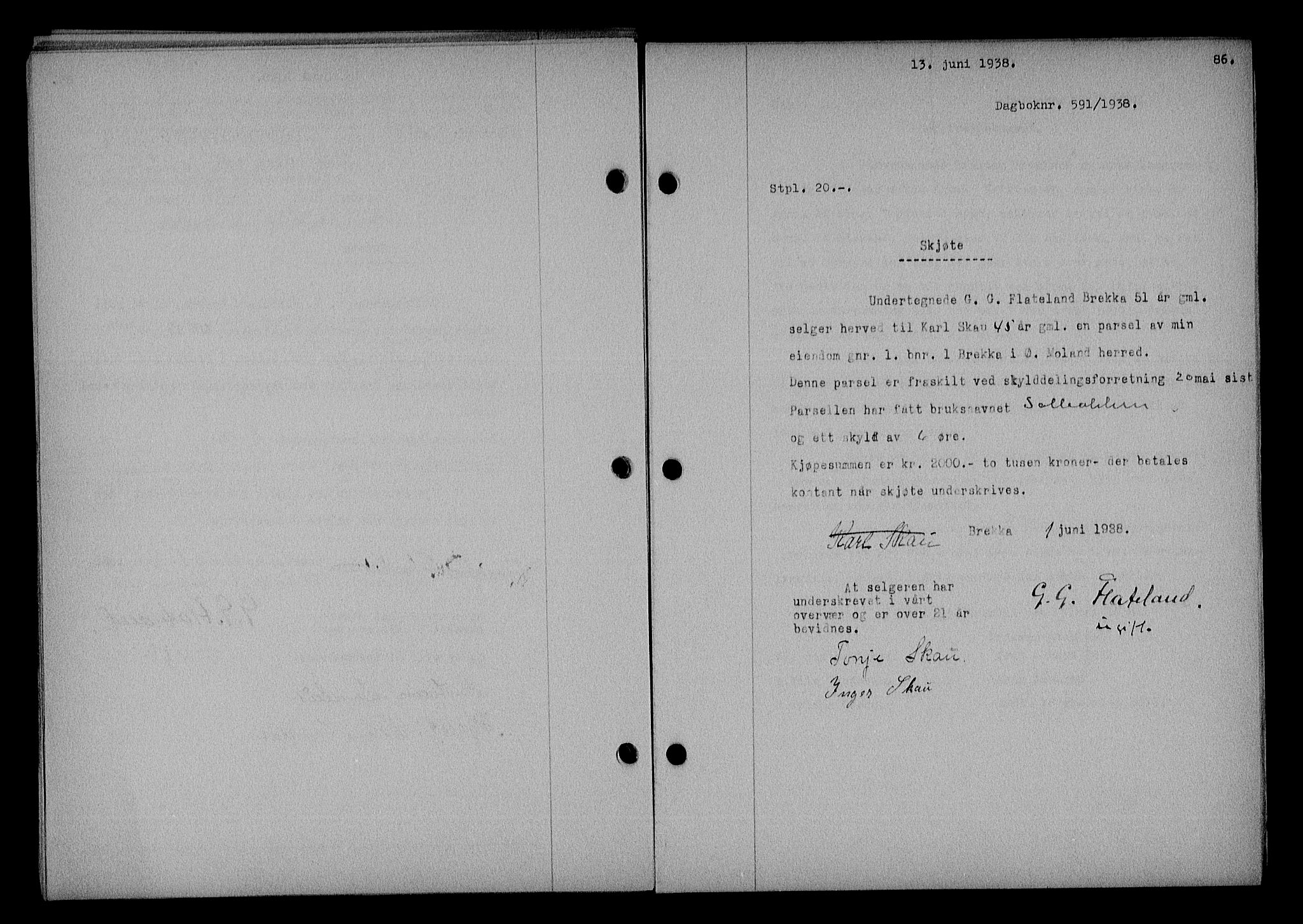 Nedenes sorenskriveri, SAK/1221-0006/G/Gb/Gba/L0045: Mortgage book no. 41, 1938-1938, Diary no: : 591/1938
