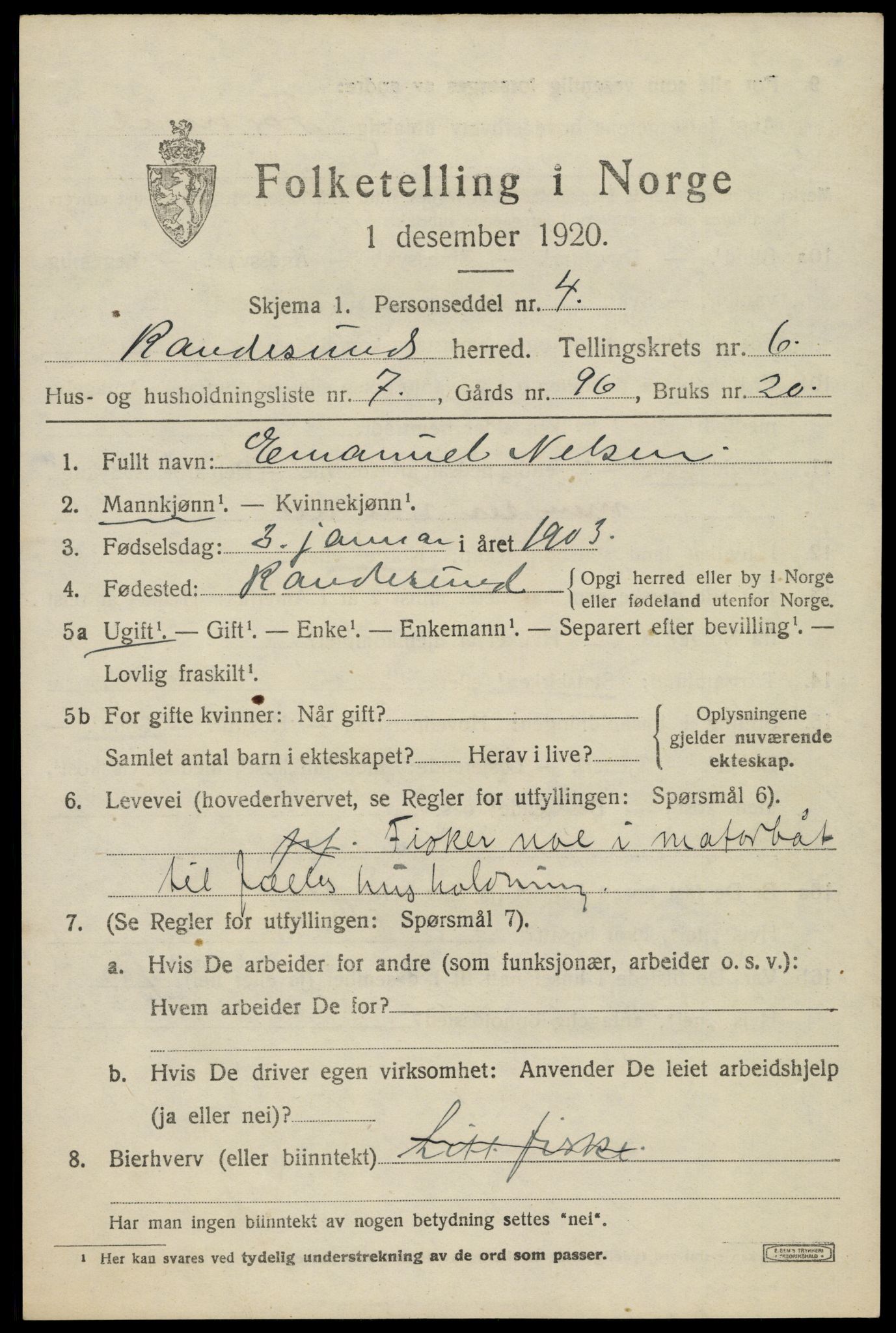 SAK, 1920 census for Randesund, 1920, p. 2794