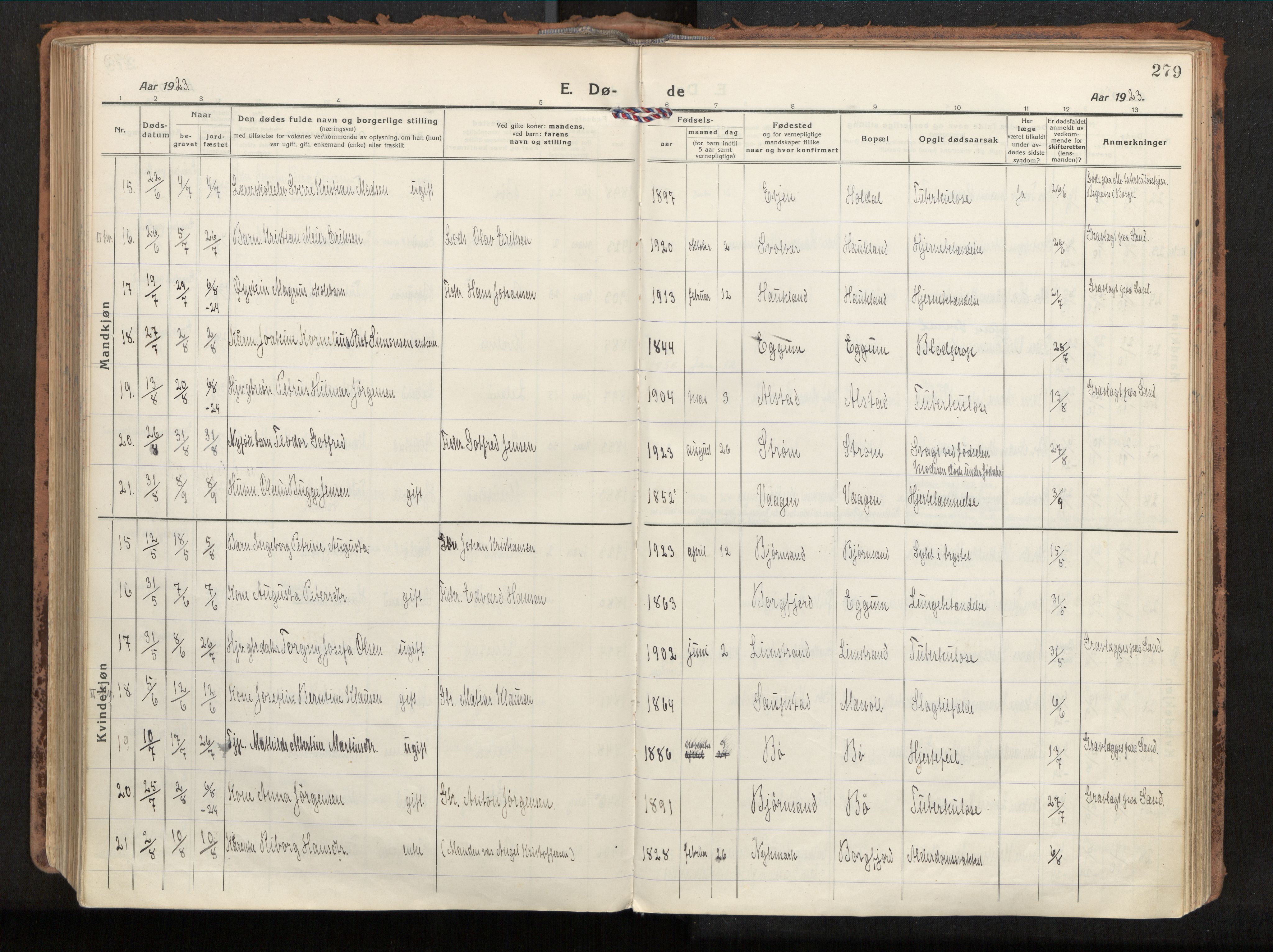 Ministerialprotokoller, klokkerbøker og fødselsregistre - Nordland, AV/SAT-A-1459/880/L1136: Parish register (official) no. 880A10, 1919-1927, p. 279