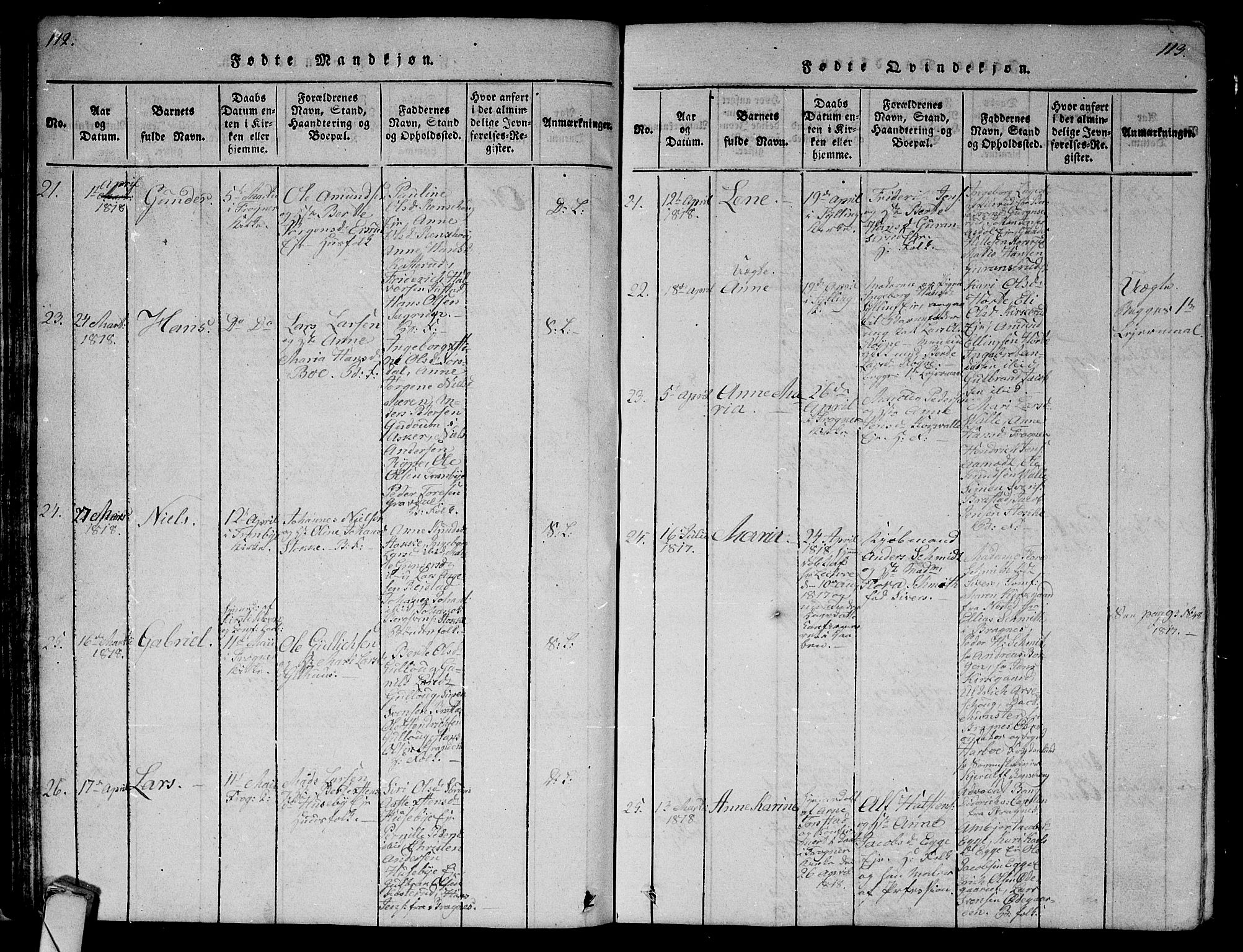 Lier kirkebøker, AV/SAKO-A-230/G/Ga/L0001: Parish register (copy) no. I 1, 1813-1824, p. 112-113
