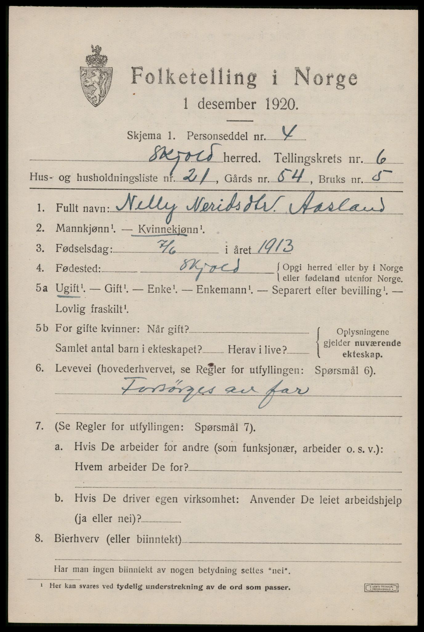 SAST, 1920 census for Skjold, 1920, p. 3354