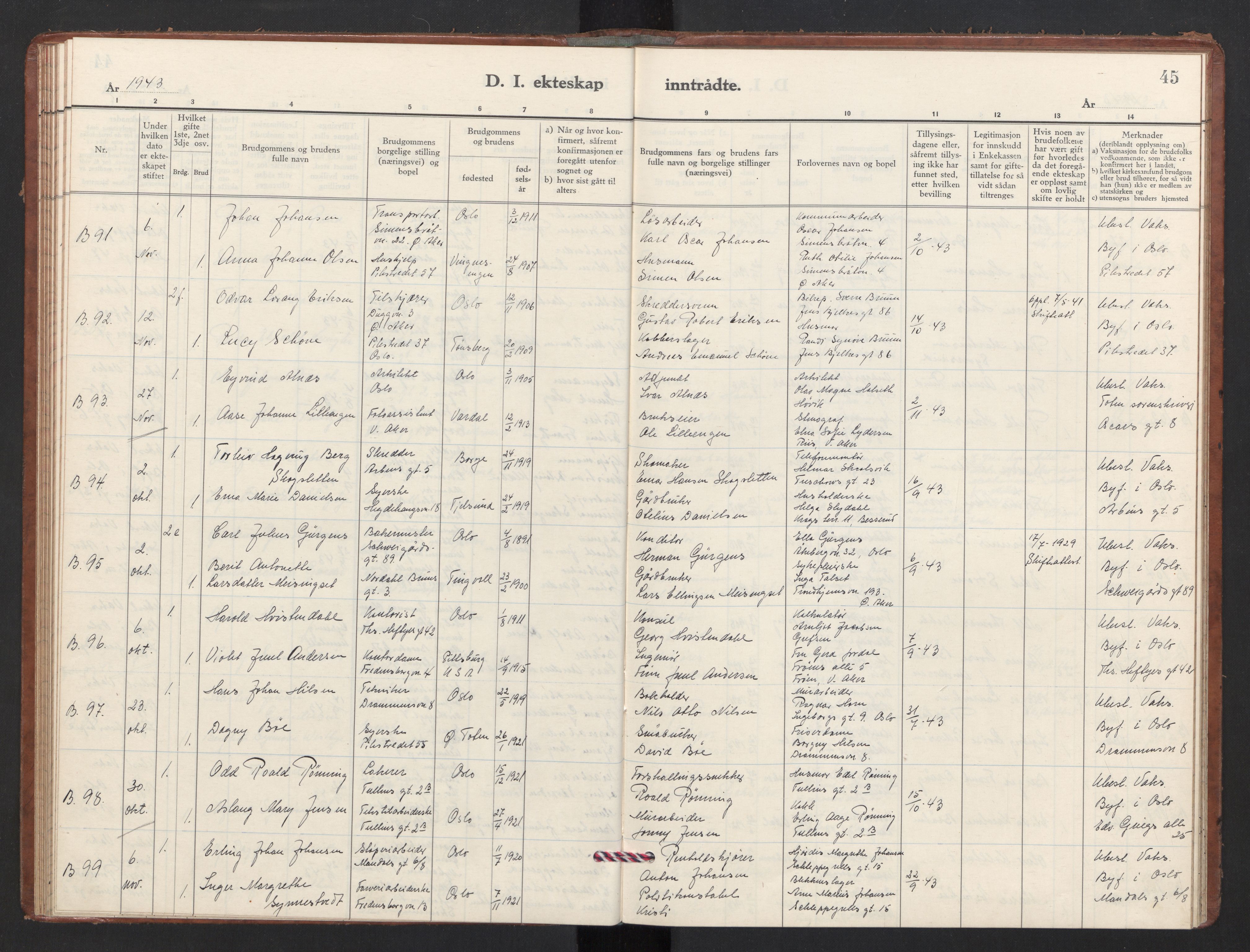 Trefoldighet prestekontor Kirkebøker, AV/SAO-A-10882/F/Fg/L0003: Parish register (official) no. VII 3, 1940-1948, p. 45