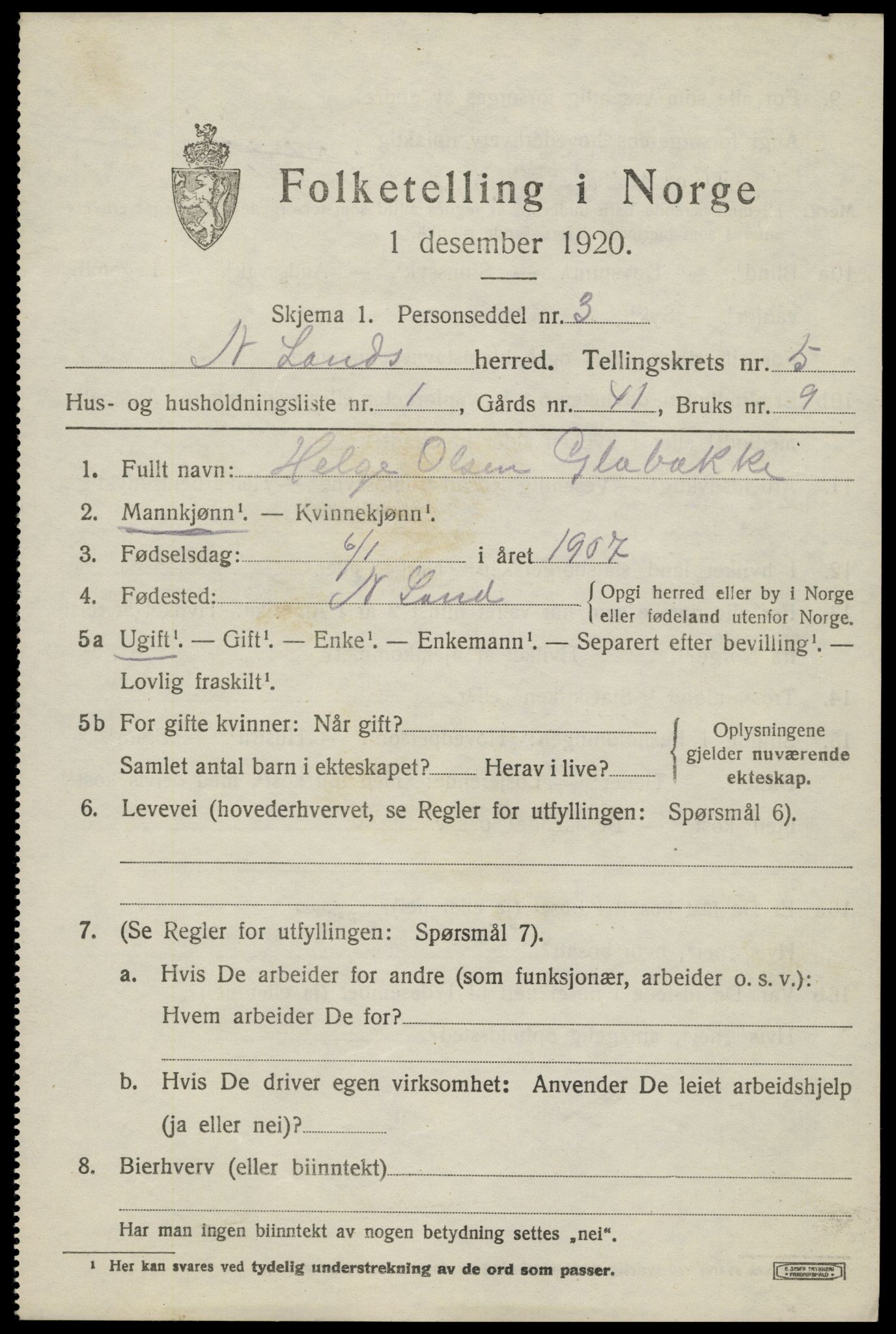 SAH, 1920 census for Nordre Land, 1920, p. 3702