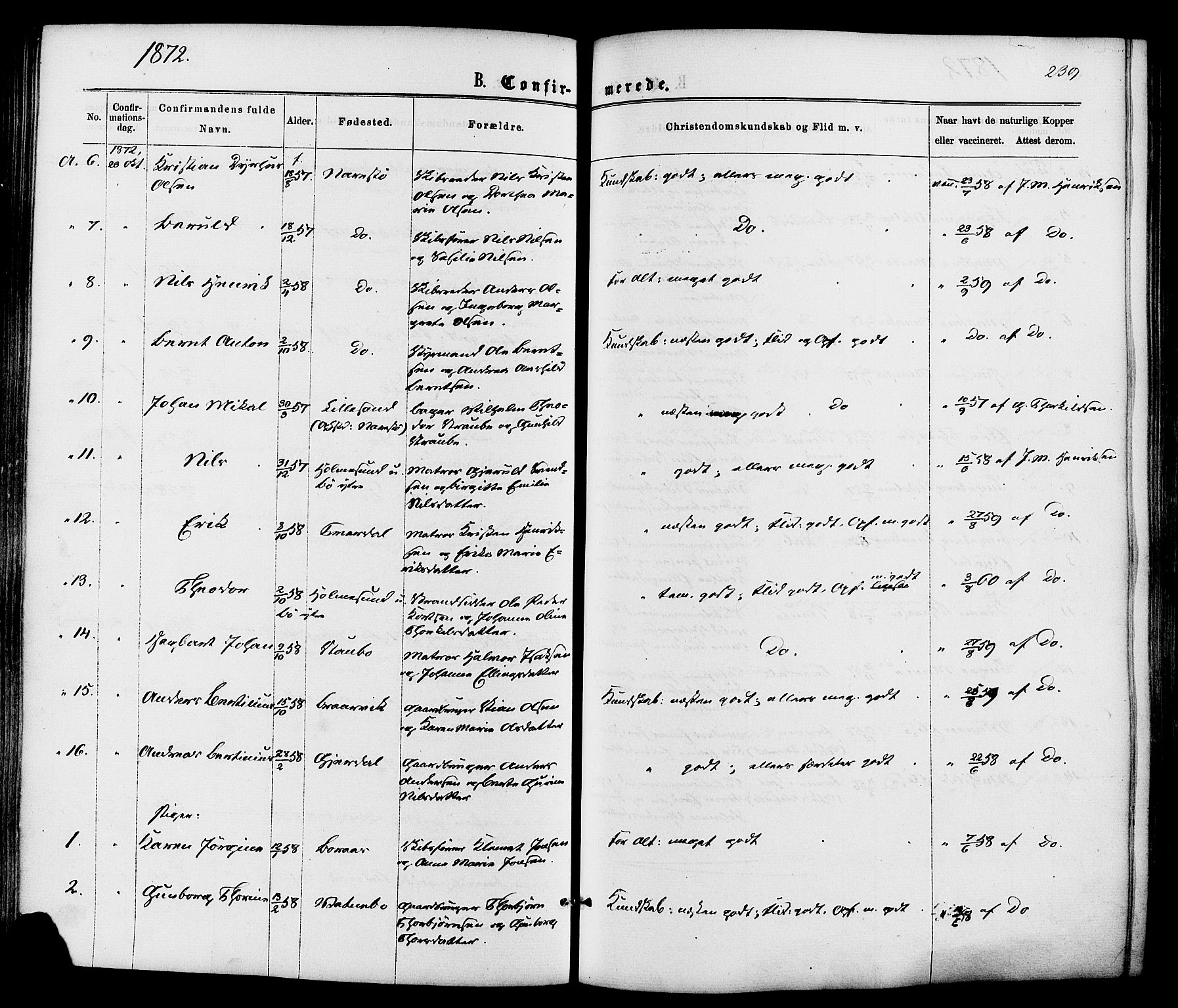 Dypvåg sokneprestkontor, AV/SAK-1111-0007/F/Fa/Faa/L0007: Parish register (official) no. A 7/ 1, 1872-1884, p. 239