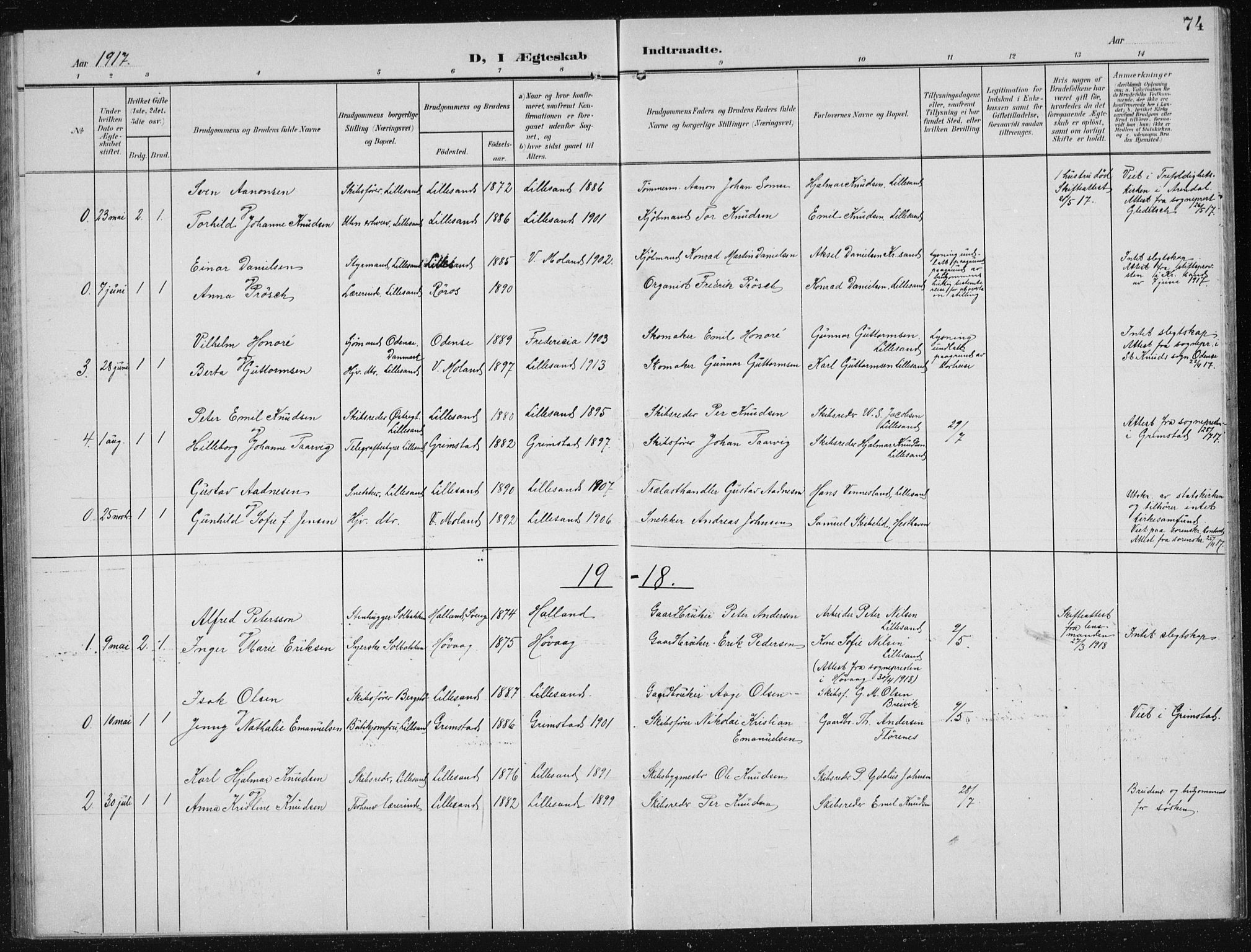 Vestre Moland sokneprestkontor, AV/SAK-1111-0046/F/Fb/Fba/L0002: Parish register (copy) no. B 2, 1904-1934, p. 74