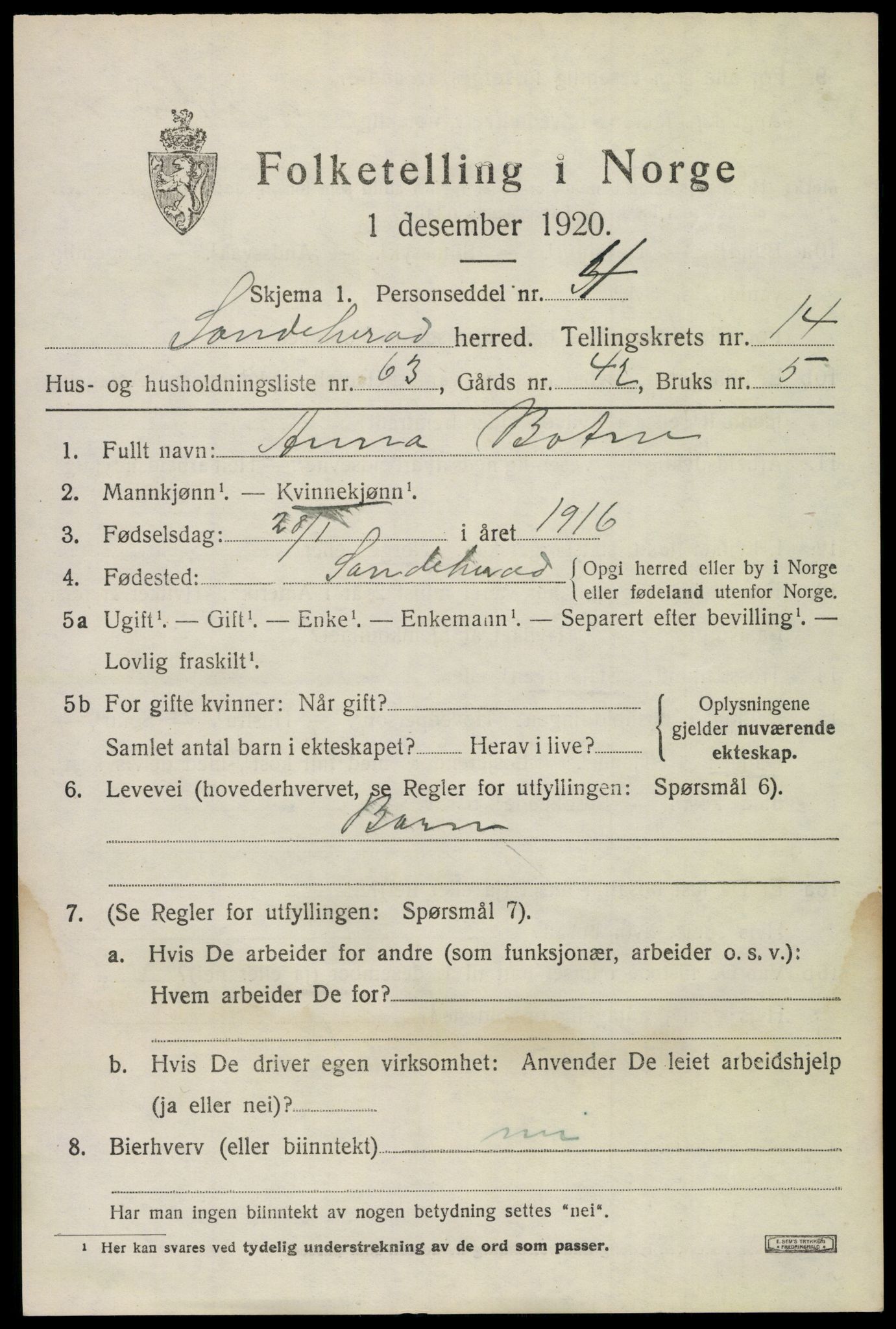 SAKO, 1920 census for Sandeherred, 1920, p. 21122