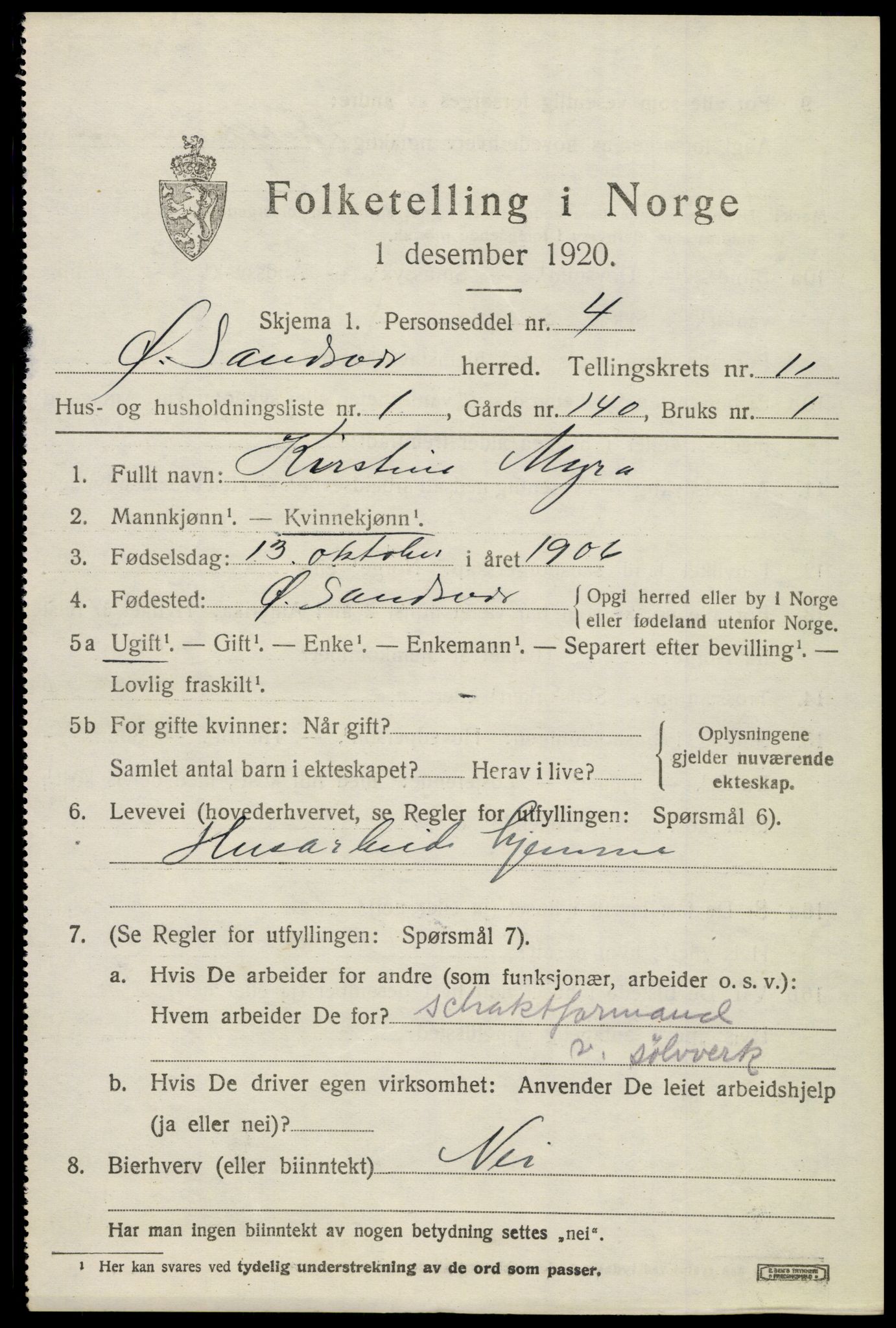 SAKO, 1920 census for Øvre Sandsvær, 1920, p. 5736
