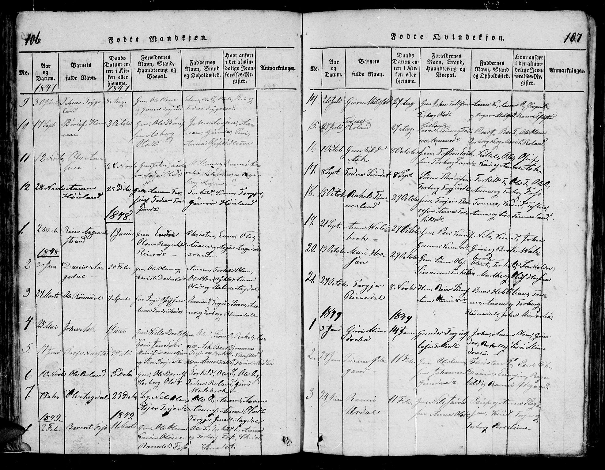 Bjelland sokneprestkontor, AV/SAK-1111-0005/F/Fb/Fba/L0003: Parish register (copy) no. B 3, 1816-1870, p. 106-107