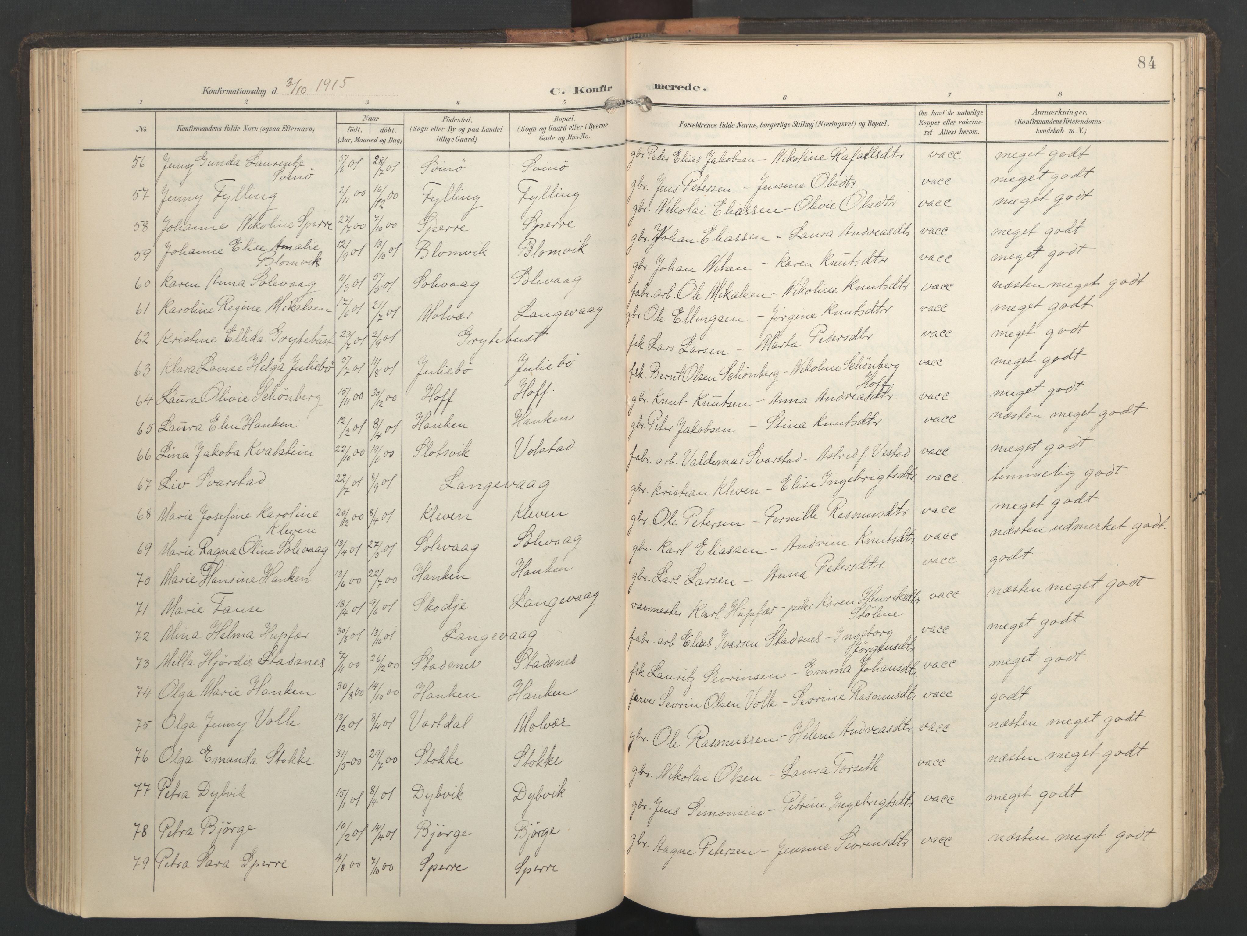 Ministerialprotokoller, klokkerbøker og fødselsregistre - Møre og Romsdal, AV/SAT-A-1454/528/L0433: Parish register (copy) no. 528C14, 1899-1922, p. 84