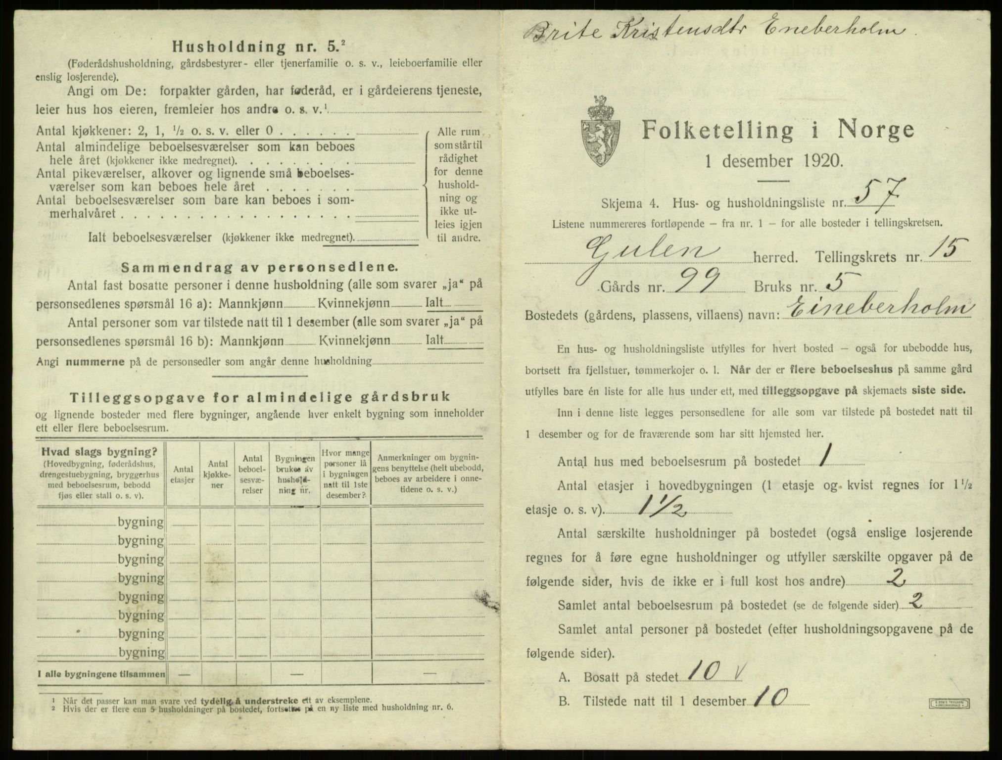 SAB, 1920 census for Gulen, 1920, p. 1032