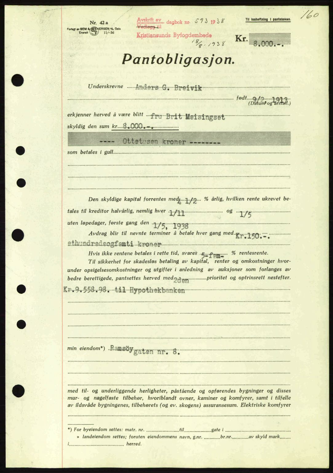 Kristiansund byfogd, SAT/A-4587/A/27: Mortgage book no. 31, 1938-1939, Diary no: : 593/1938