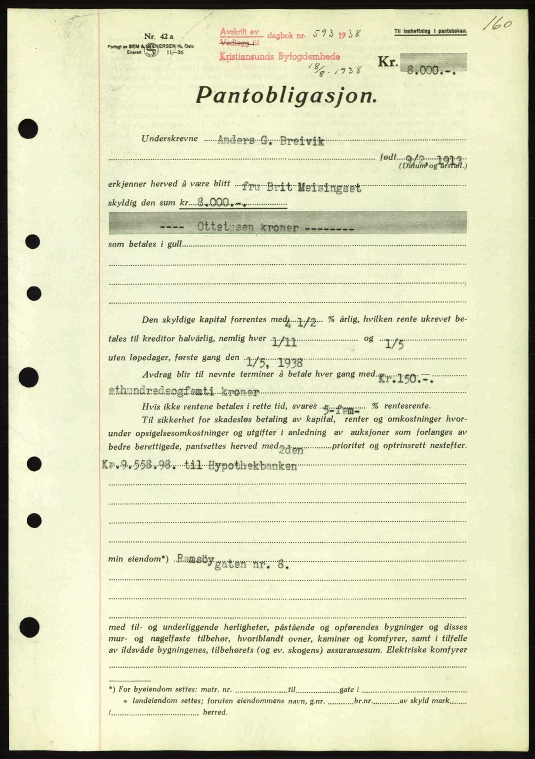 Kristiansund byfogd, AV/SAT-A-4587/A/27: Mortgage book no. 31, 1938-1939, Diary no: : 593/1938