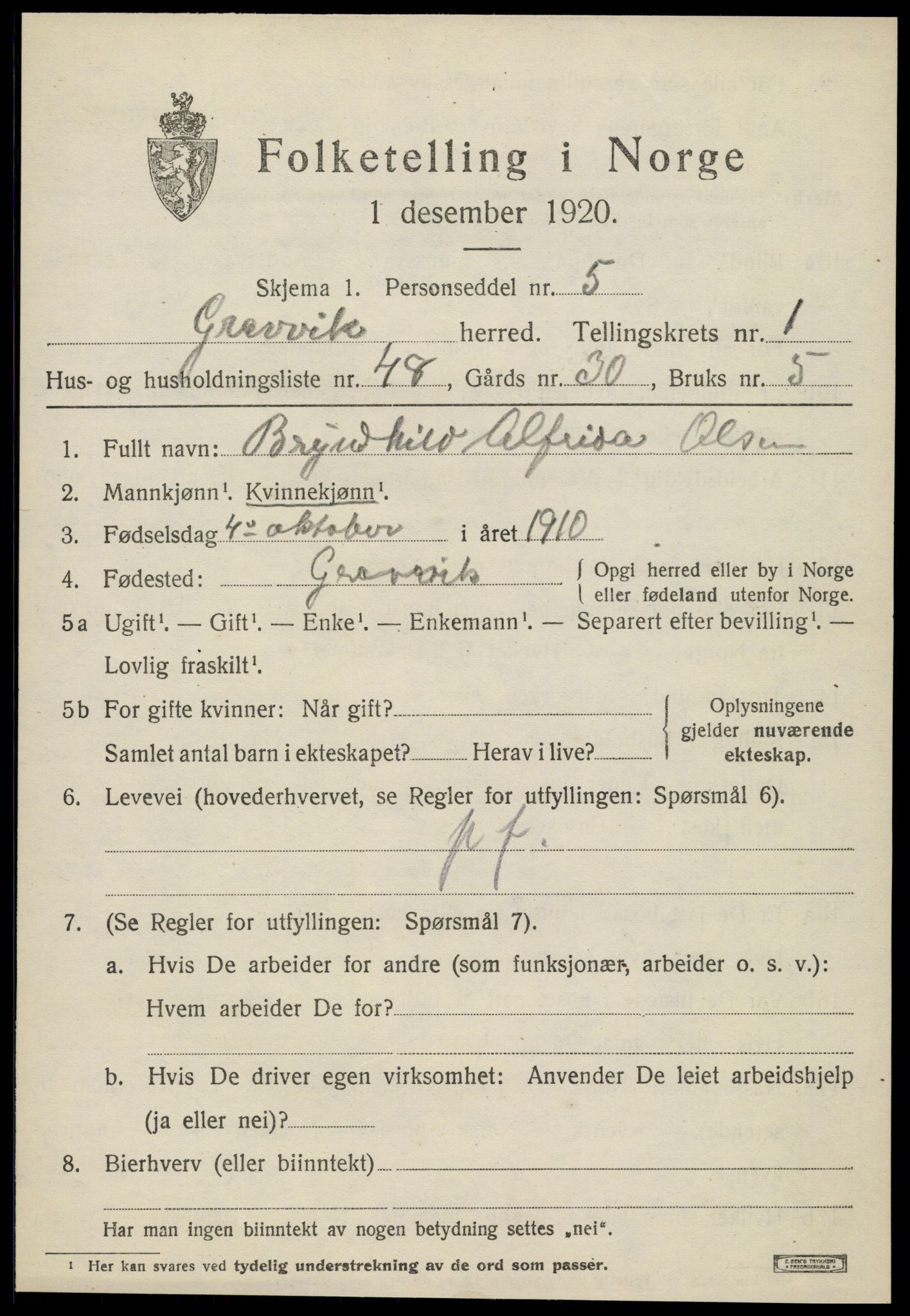 SAT, 1920 census for Gravvik, 1920, p. 852