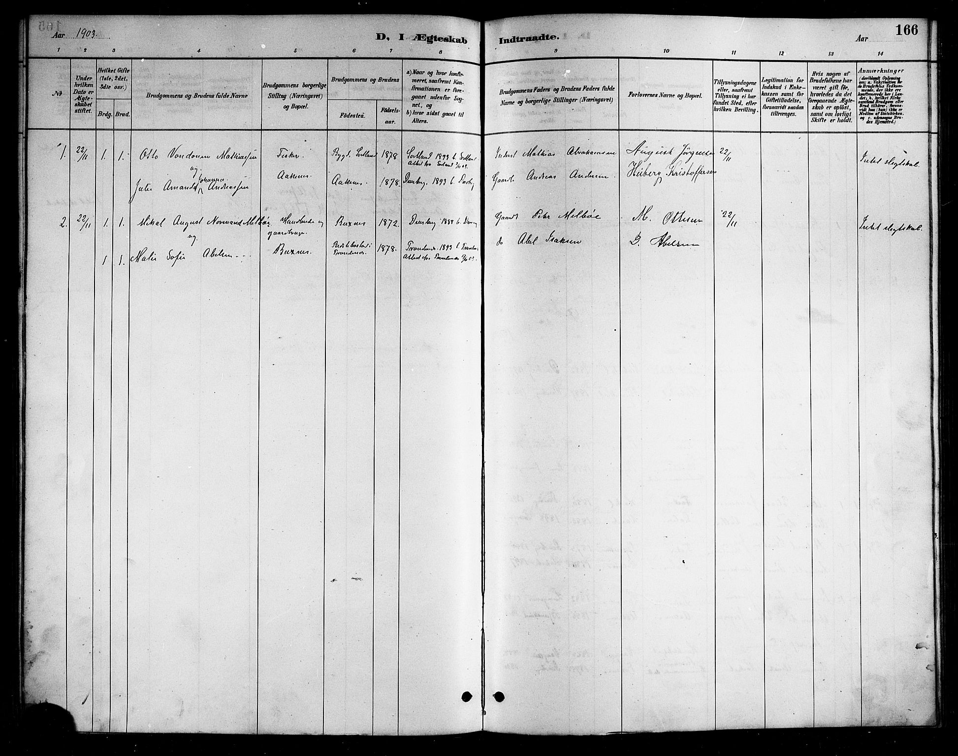 Ministerialprotokoller, klokkerbøker og fødselsregistre - Nordland, AV/SAT-A-1459/898/L1427: Parish register (copy) no. 898C02, 1887-1917, p. 166