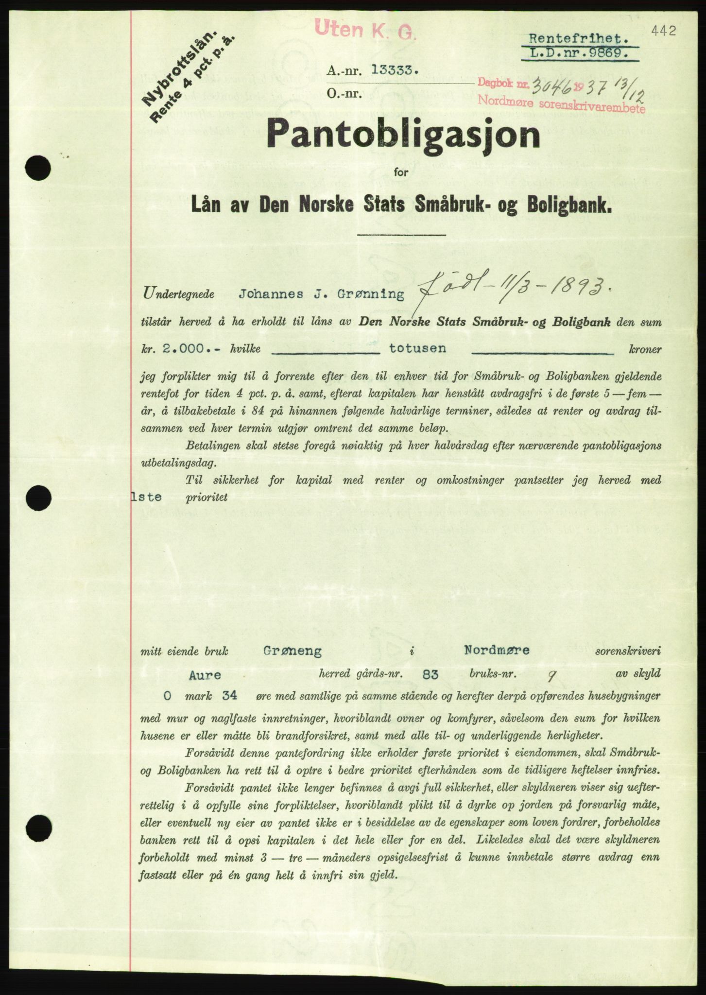 Nordmøre sorenskriveri, AV/SAT-A-4132/1/2/2Ca/L0092: Mortgage book no. B82, 1937-1938, Diary no: : 3046/1937