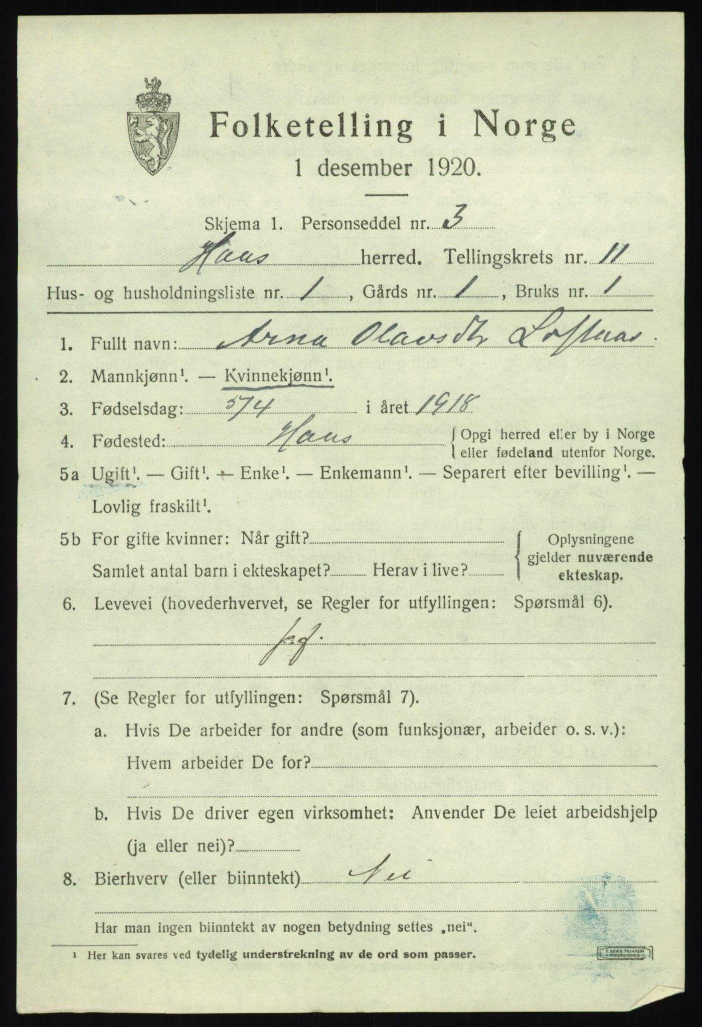 SAB, 1920 census for Haus, 1920, p. 6719