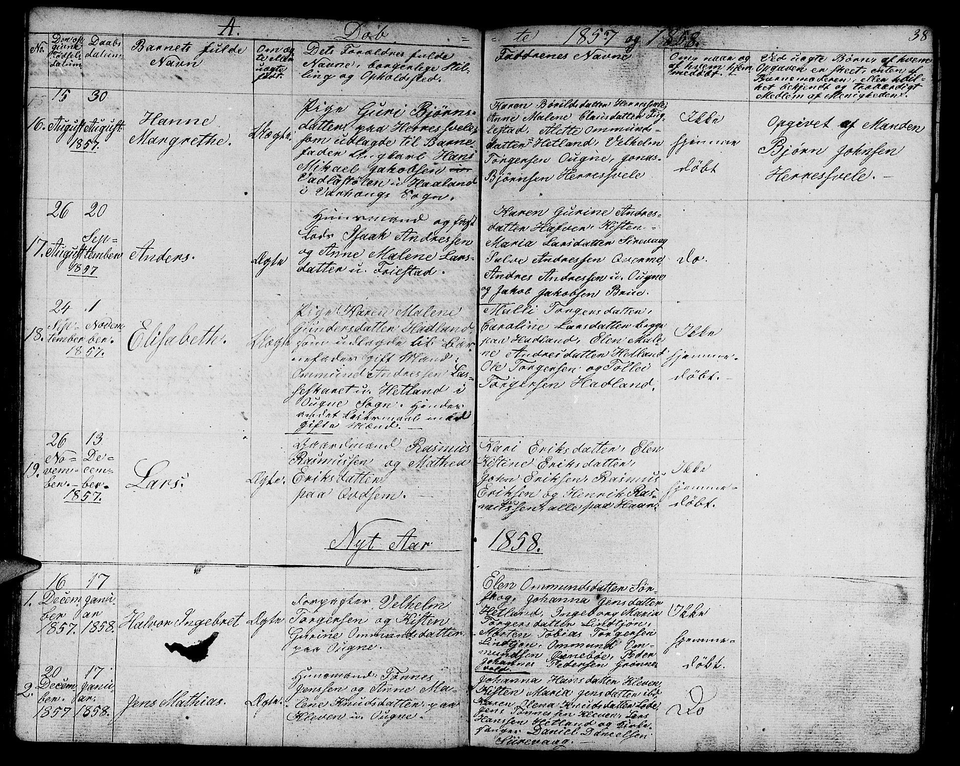 Eigersund sokneprestkontor, SAST/A-101807/S09/L0003: Parish register (copy) no. B 3, 1846-1875, p. 38
