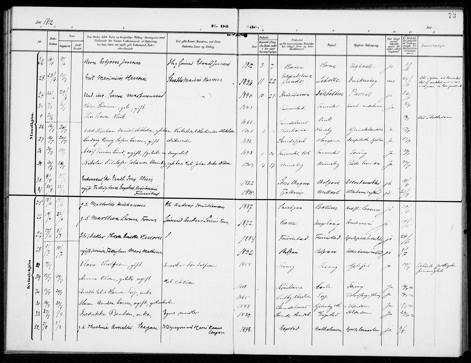 Sandar kirkebøker, SAKO/A-243/F/Fa/L0019: Parish register (official) no. 19, 1908-1914, p. 73