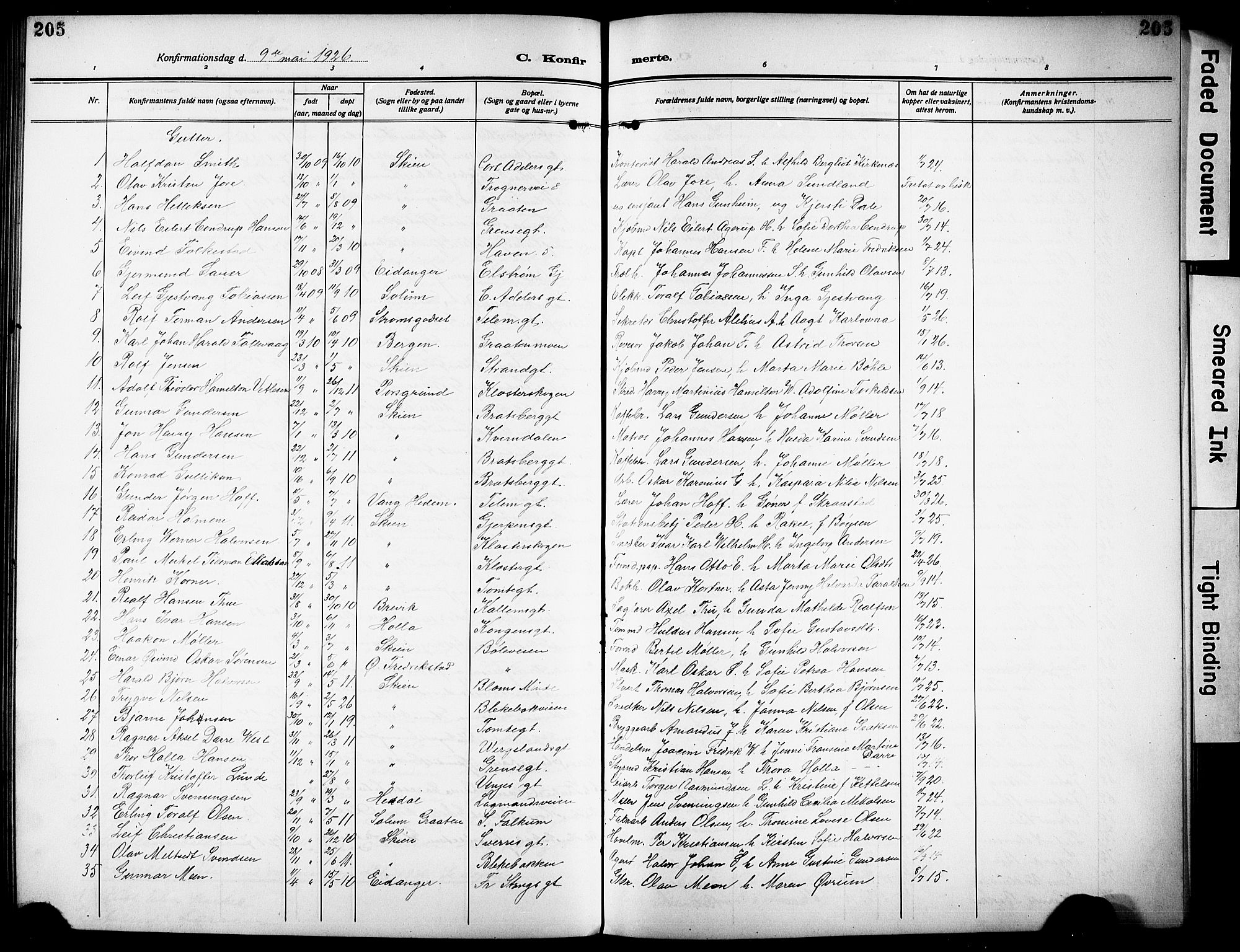Skien kirkebøker, SAKO/A-302/G/Ga/L0010: Parish register (copy) no. 10, 1920-1931, p. 205