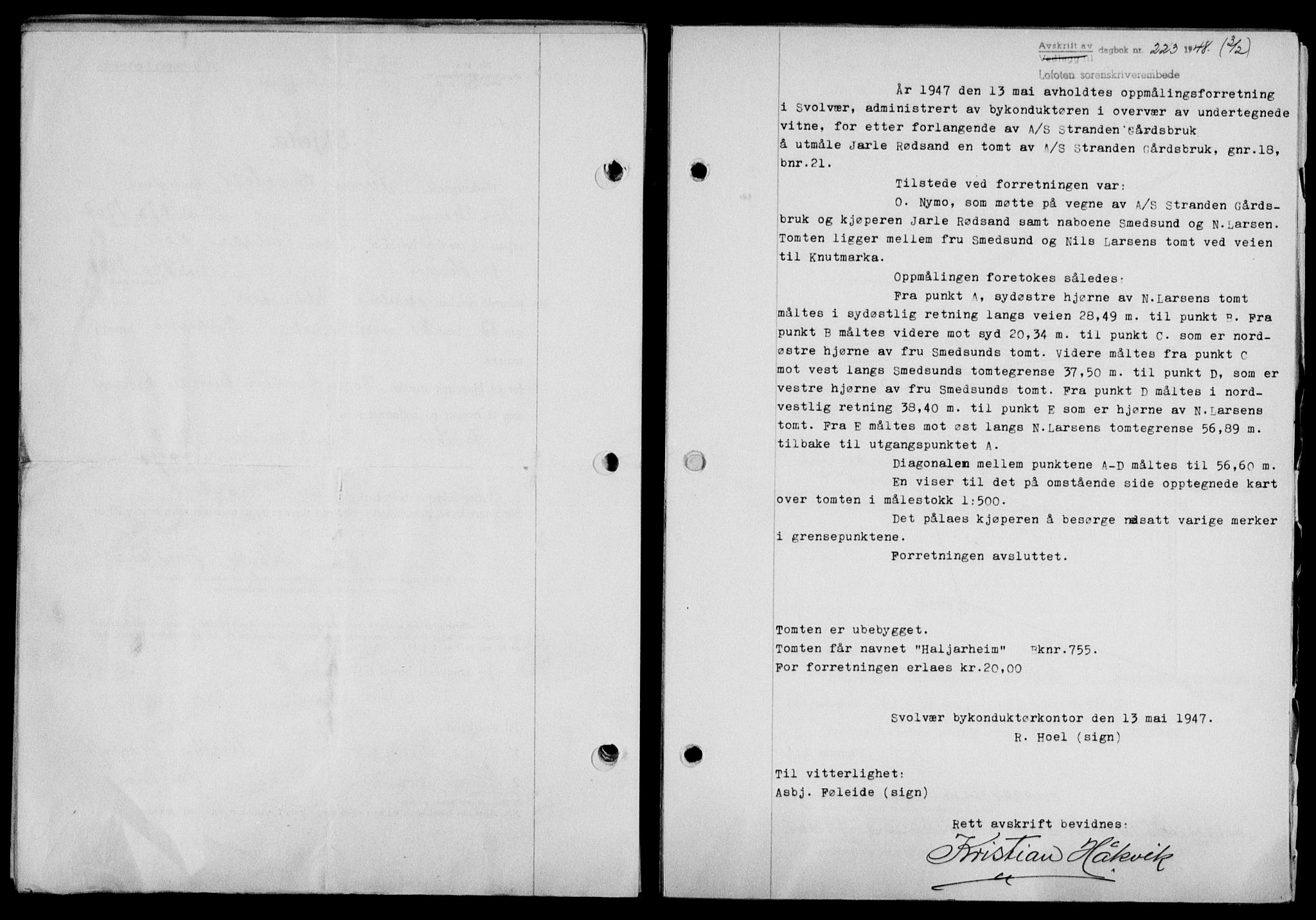 Lofoten sorenskriveri, SAT/A-0017/1/2/2C/L0017a: Mortgage book no. 17a, 1947-1948, Diary no: : 223/1948
