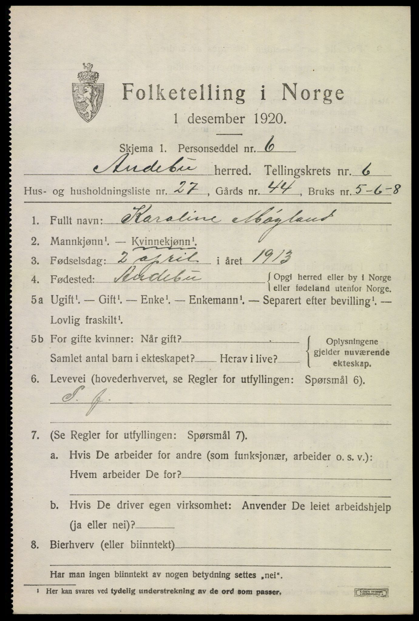 SAKO, 1920 census for Andebu, 1920, p. 3186