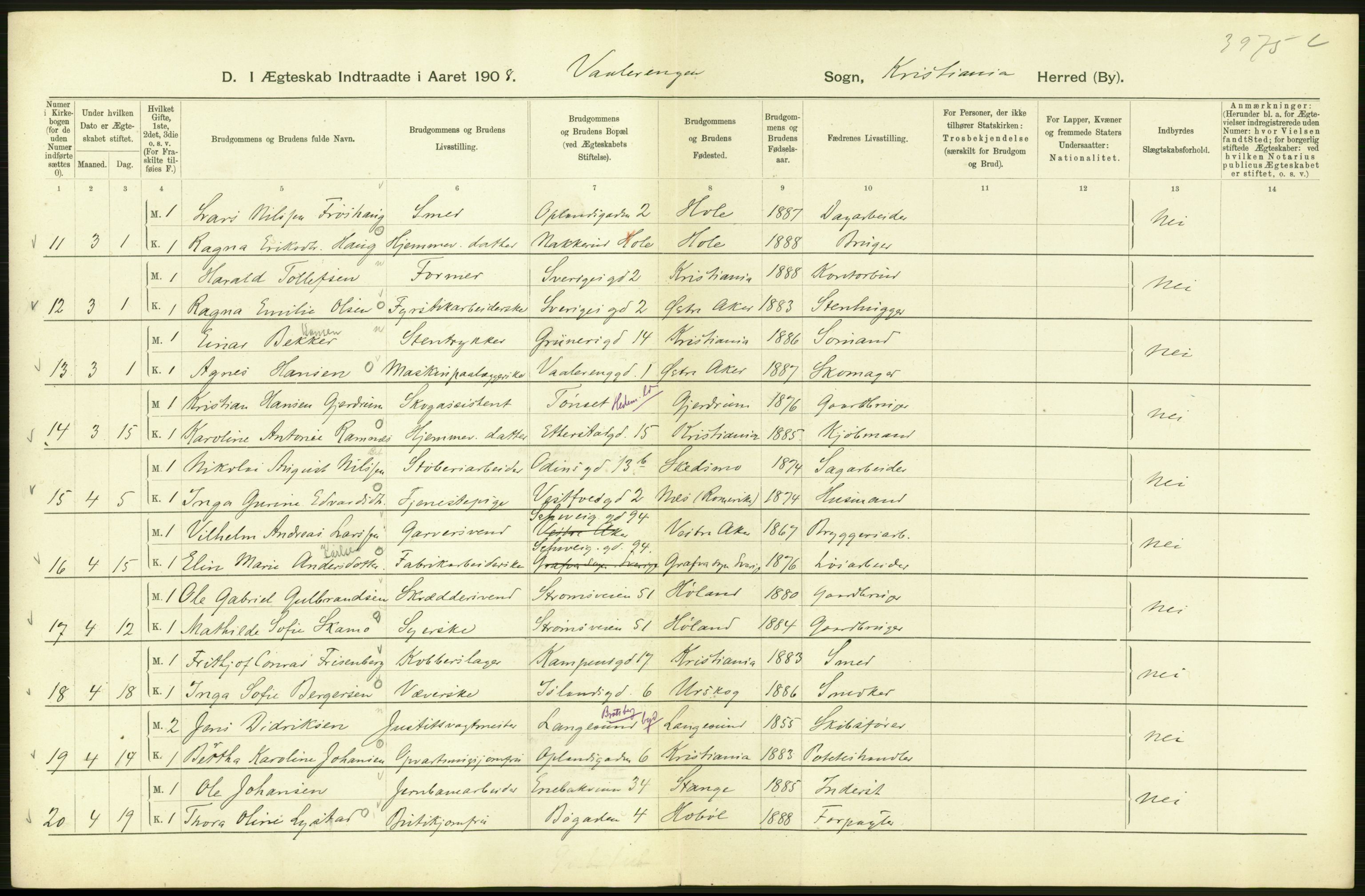 Statistisk sentralbyrå, Sosiodemografiske emner, Befolkning, AV/RA-S-2228/D/Df/Dfa/Dfaf/L0007: Kristiania: Gifte, 1908, p. 576