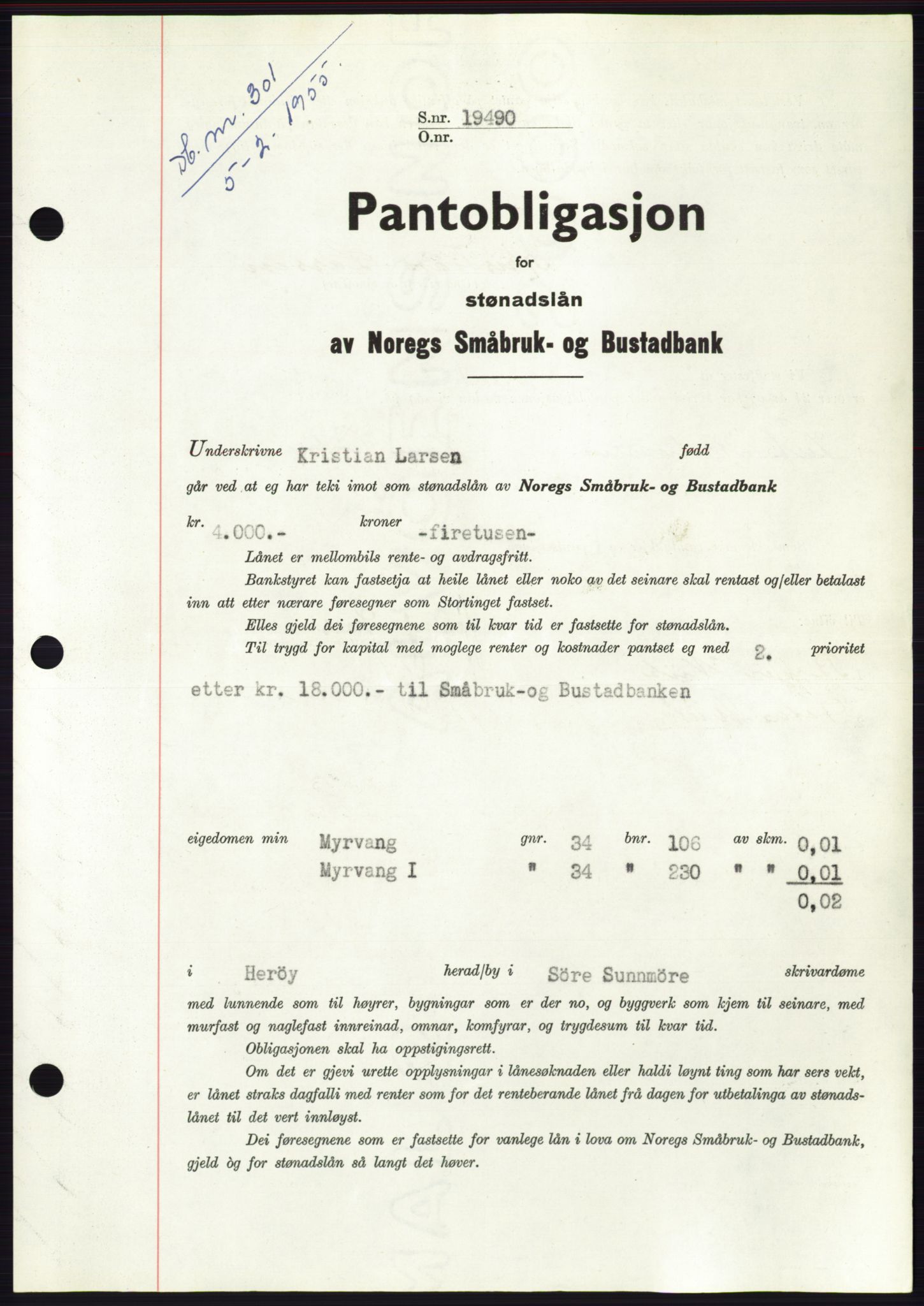 Søre Sunnmøre sorenskriveri, AV/SAT-A-4122/1/2/2C/L0126: Mortgage book no. 14B, 1954-1955, Diary no: : 301/1955