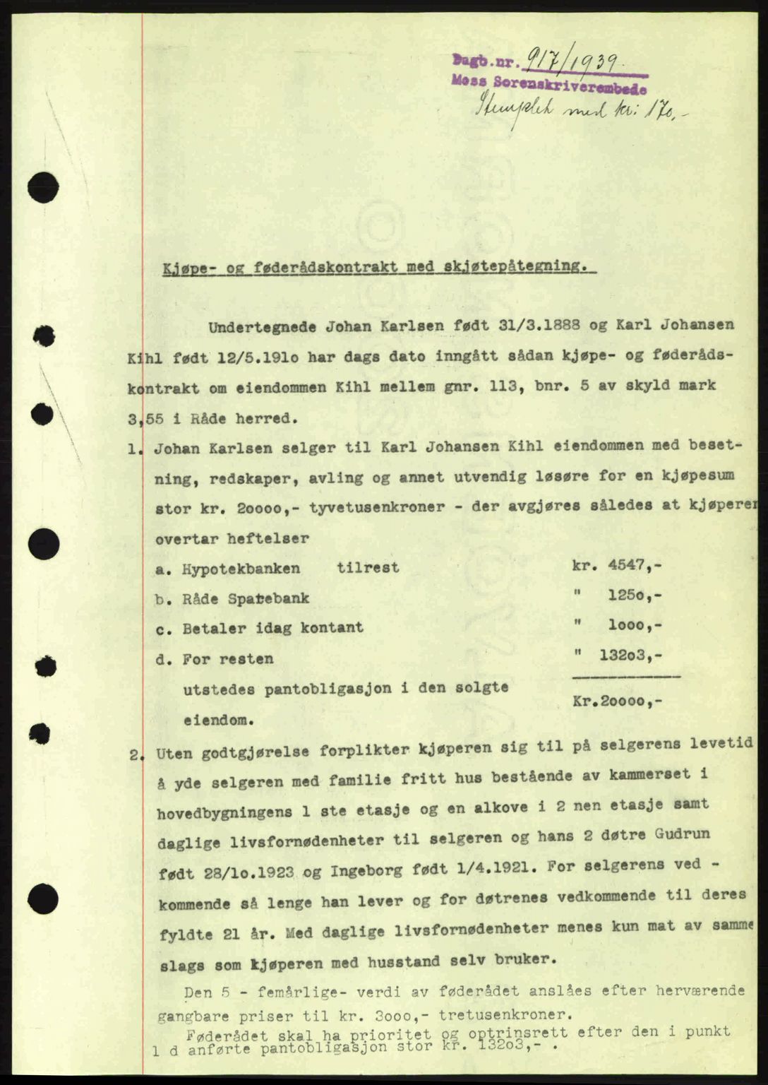 Moss sorenskriveri, SAO/A-10168: Mortgage book no. A5, 1938-1939, Diary no: : 917/1939