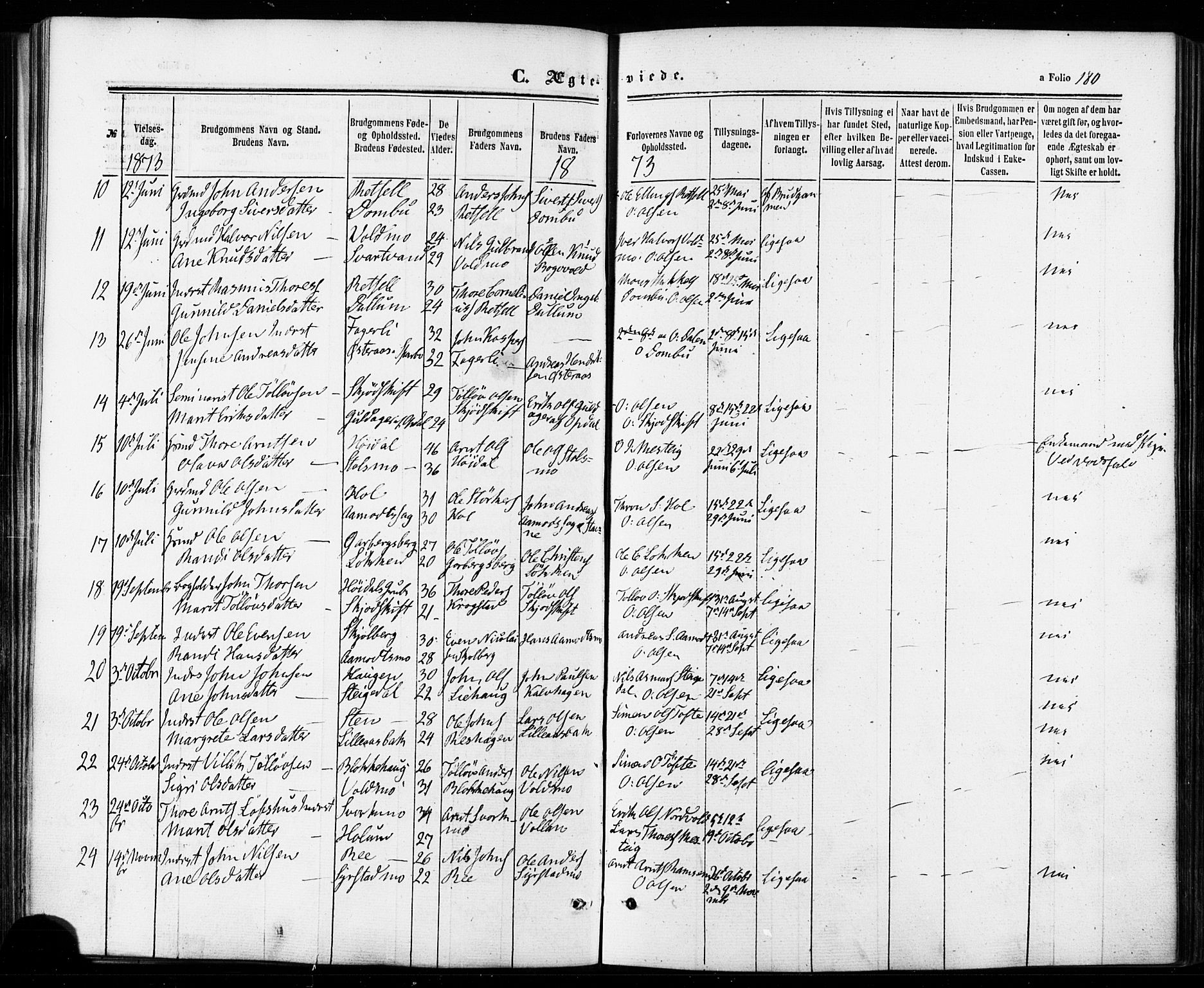 Ministerialprotokoller, klokkerbøker og fødselsregistre - Sør-Trøndelag, SAT/A-1456/672/L0856: Parish register (official) no. 672A08, 1861-1881, p. 180