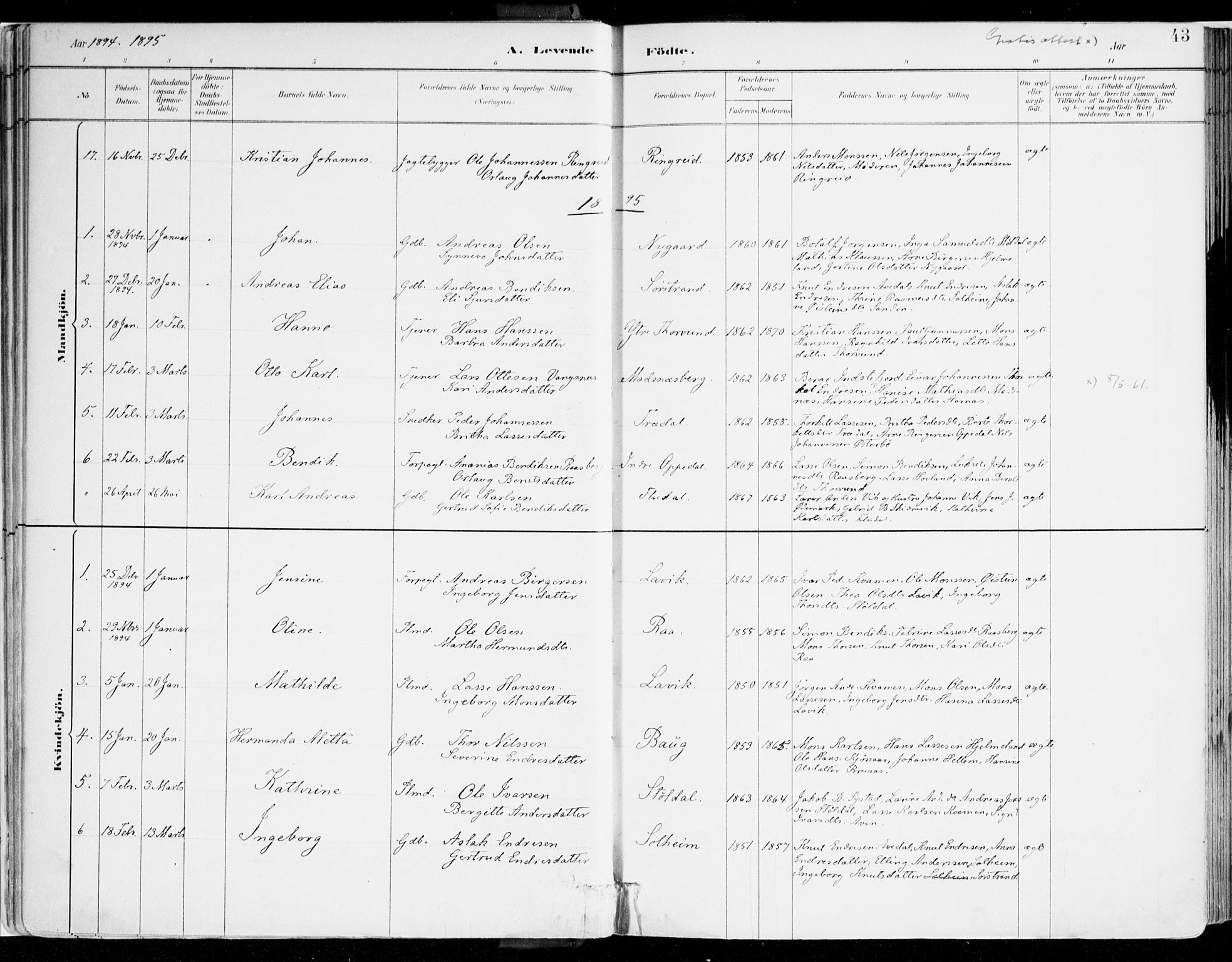 Lavik sokneprestembete, AV/SAB-A-80901: Parish register (official) no. B 1, 1882-1908, p. 43