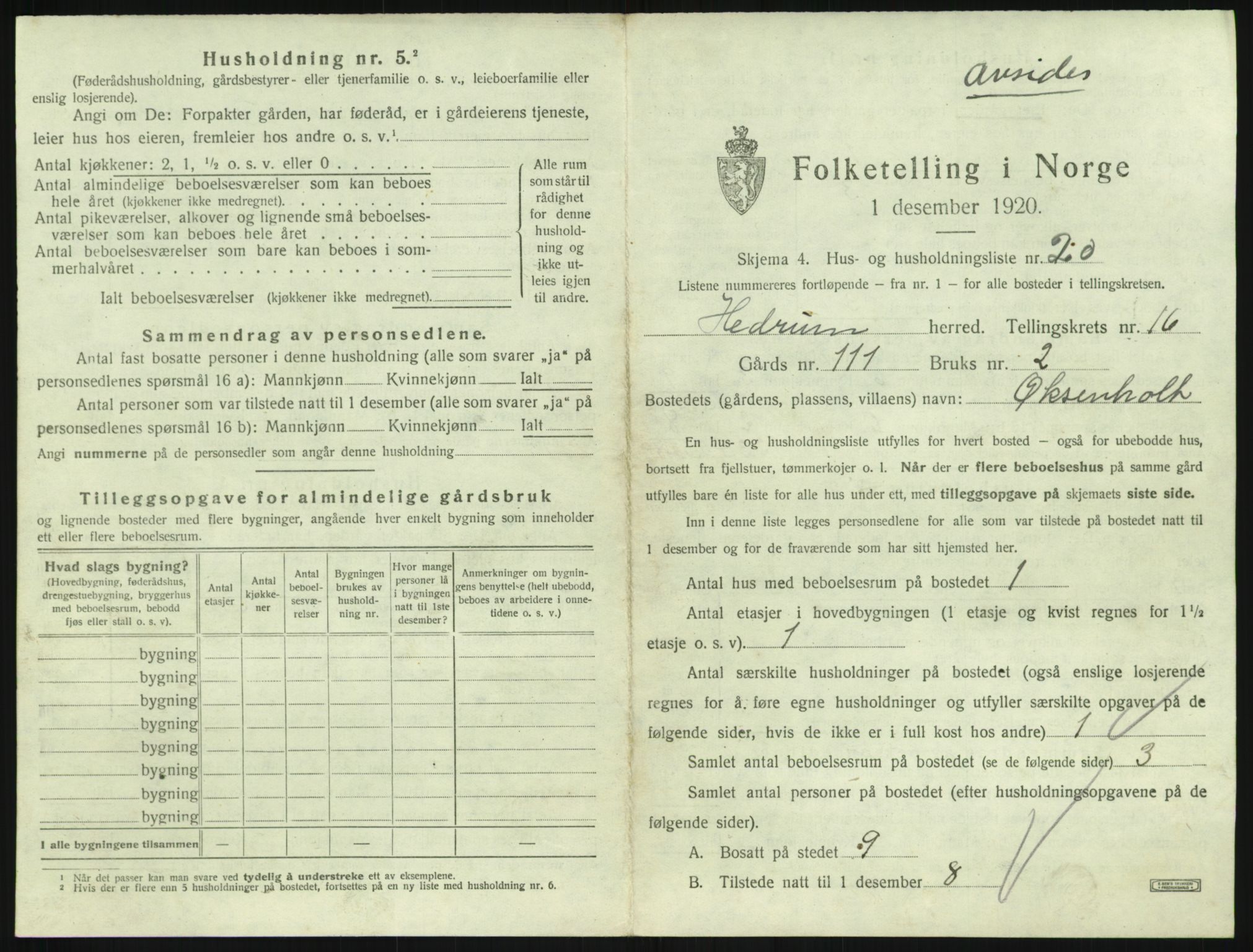 SAKO, 1920 census for Hedrum, 1920, p. 1505