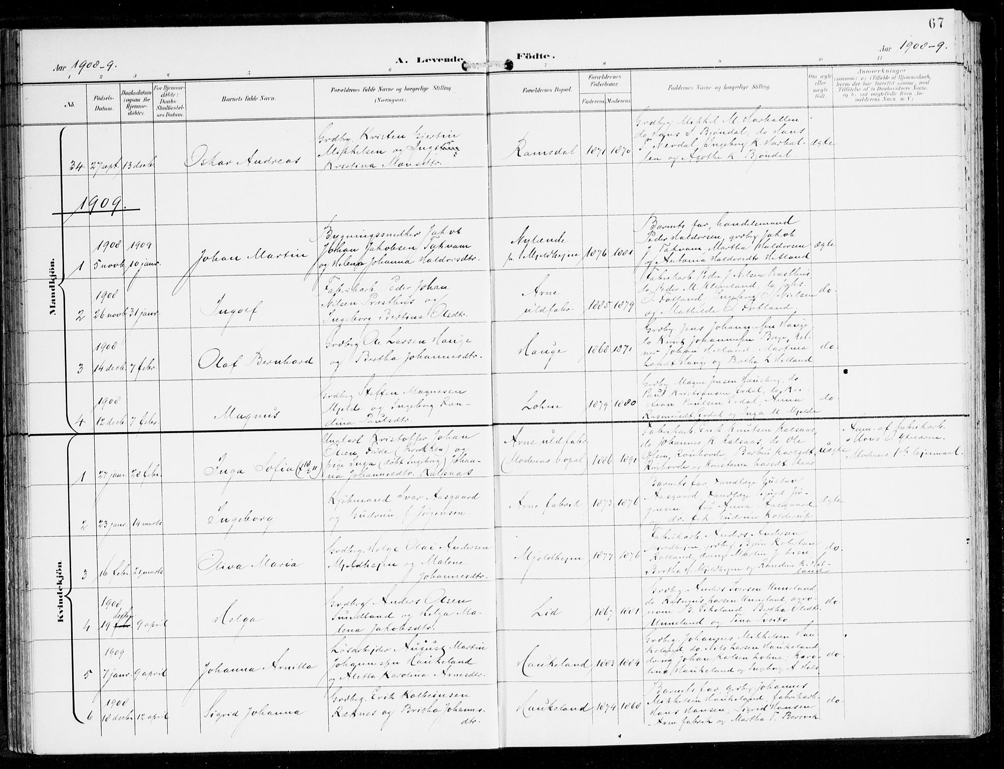 Haus sokneprestembete, AV/SAB-A-75601/H/Haa: Parish register (official) no. D 2, 1899-1912, p. 67