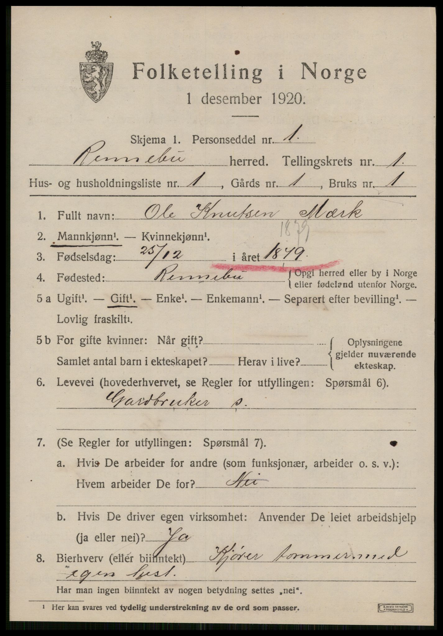 SAT, 1920 census for Rennebu, 1920, p. 1058