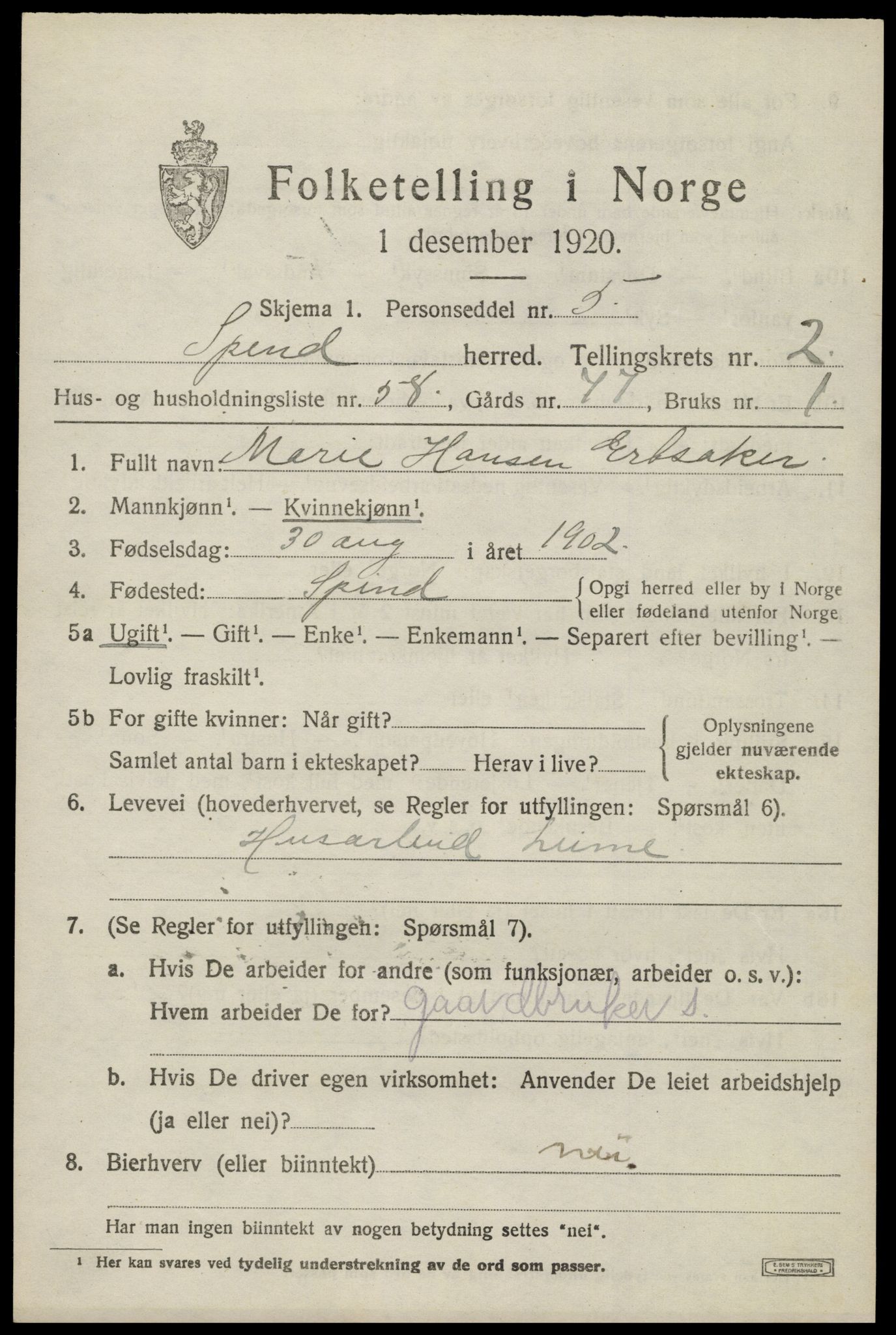 SAK, 1920 census for Spind, 1920, p. 1611