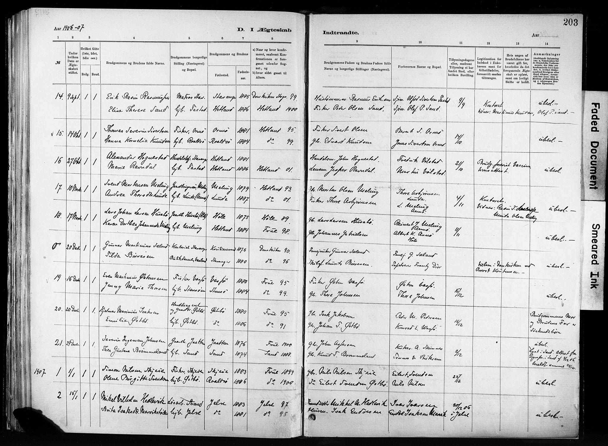 Hetland sokneprestkontor, SAST/A-101826/30/30BA/L0011: Parish register (official) no. A 11, 1884-1911, p. 203