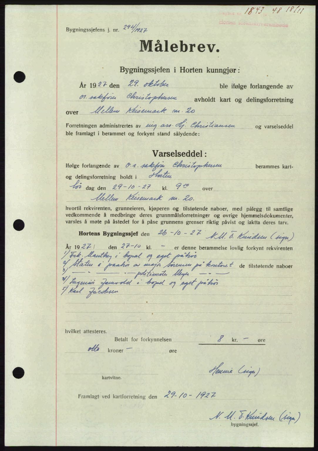 Horten sorenskriveri, AV/SAKO-A-133/G/Ga/Gaa/L0011: Mortgage book no. A-11, 1948-1948, Diary no: : 1843/1948