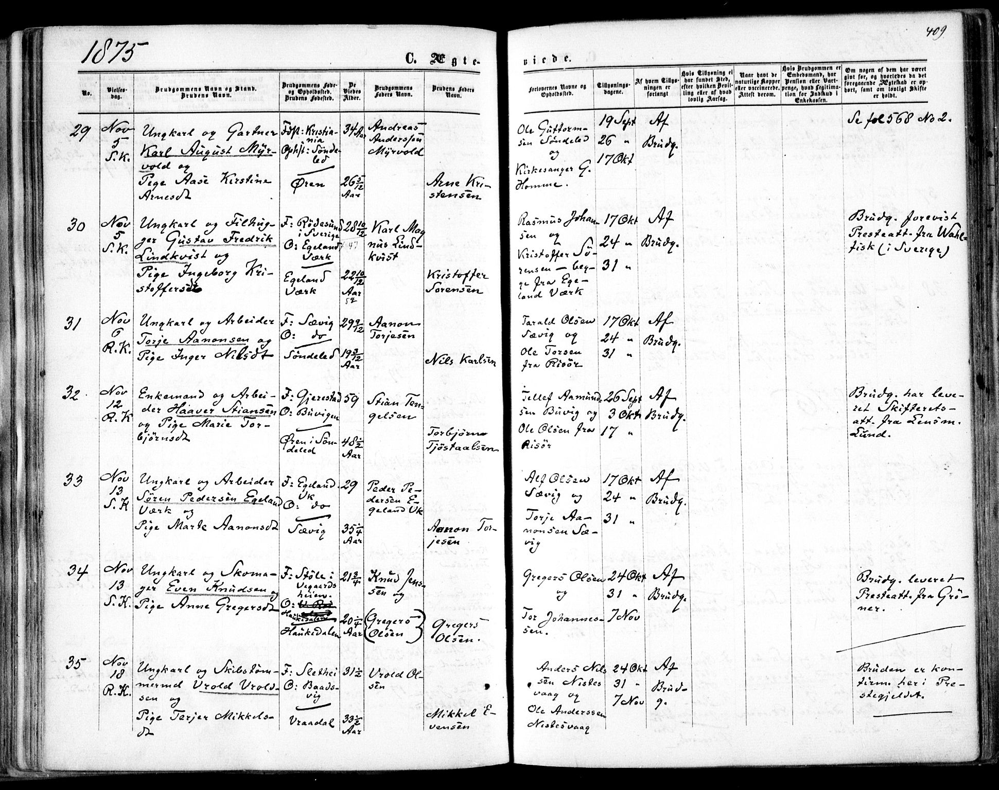 Søndeled sokneprestkontor, AV/SAK-1111-0038/F/Fa/L0003: Parish register (official) no. A 3, 1861-1879, p. 409