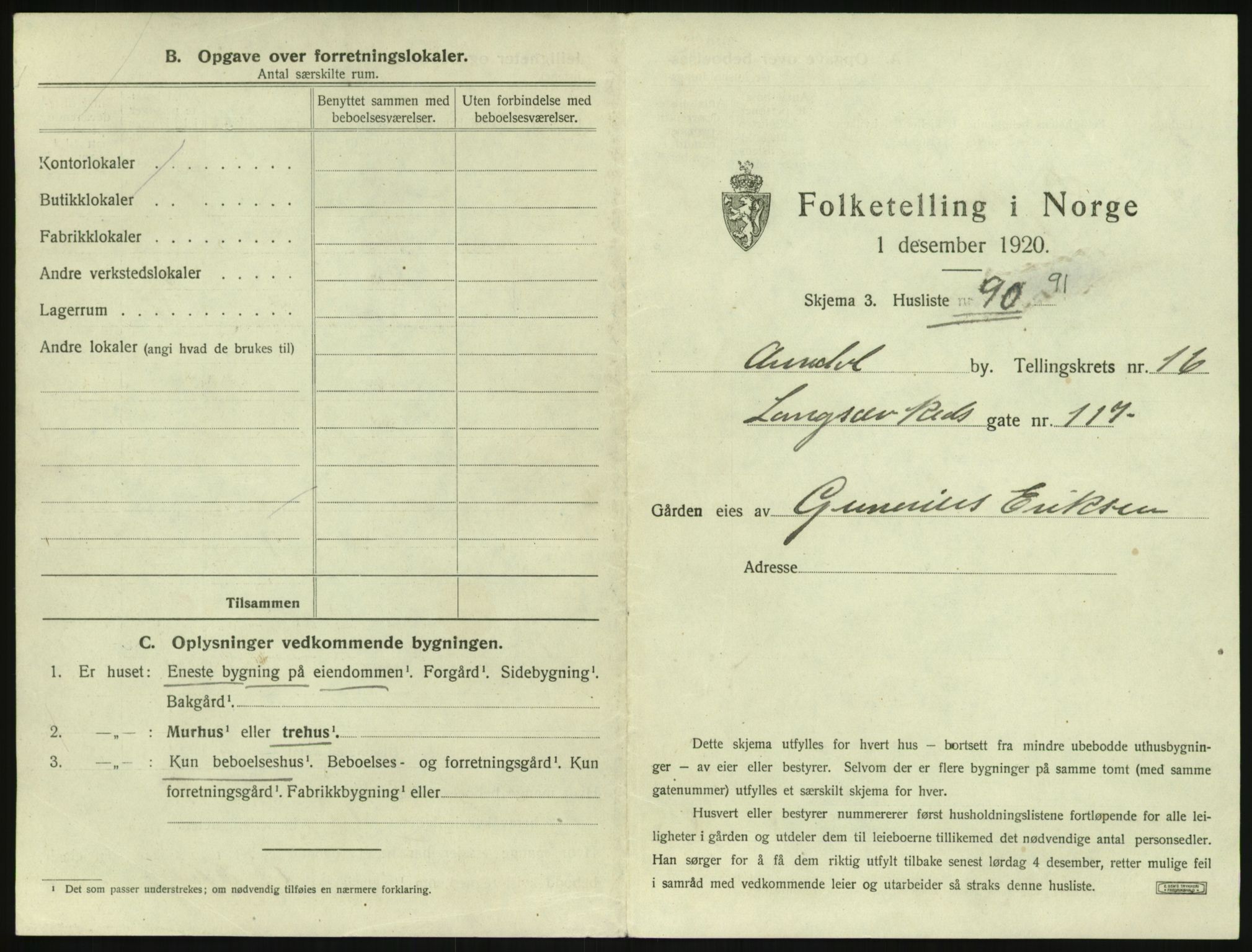 SAK, 1920 census for Arendal, 1920, p. 2526