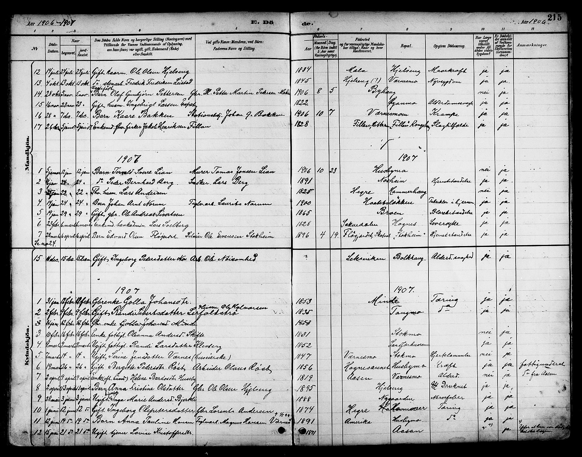 Ministerialprotokoller, klokkerbøker og fødselsregistre - Nord-Trøndelag, SAT/A-1458/709/L0087: Parish register (copy) no. 709C01, 1892-1913, p. 215