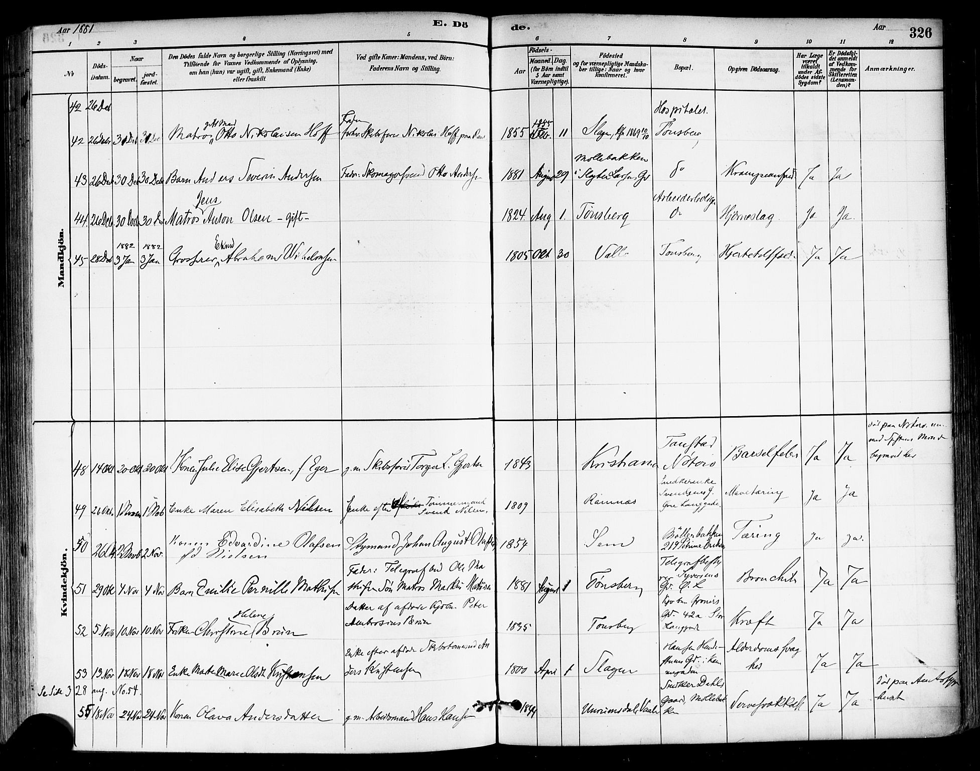 Tønsberg kirkebøker, AV/SAKO-A-330/F/Fa/L0011: Parish register (official) no. I 11, 1881-1890, p. 326